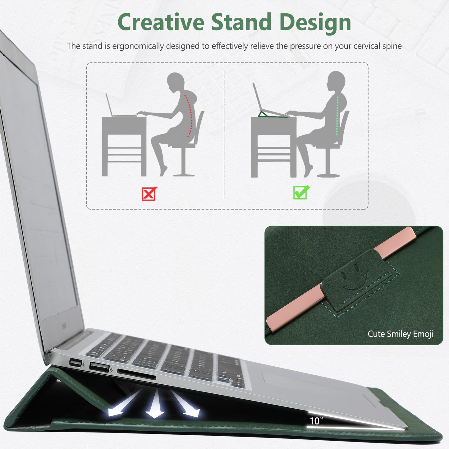 HYZUO 13 Inch Laptop Sleeve Case with Stand for MacBook Air 13 M5 A3449 M4 M3 M2 M1 2026-2018, 13" MacBook Neo 2026 A3404, MacBook Pro 13 M2 M1, 13" iPad Pro/Air, Surface Pro, Midnight Green(Smiley)