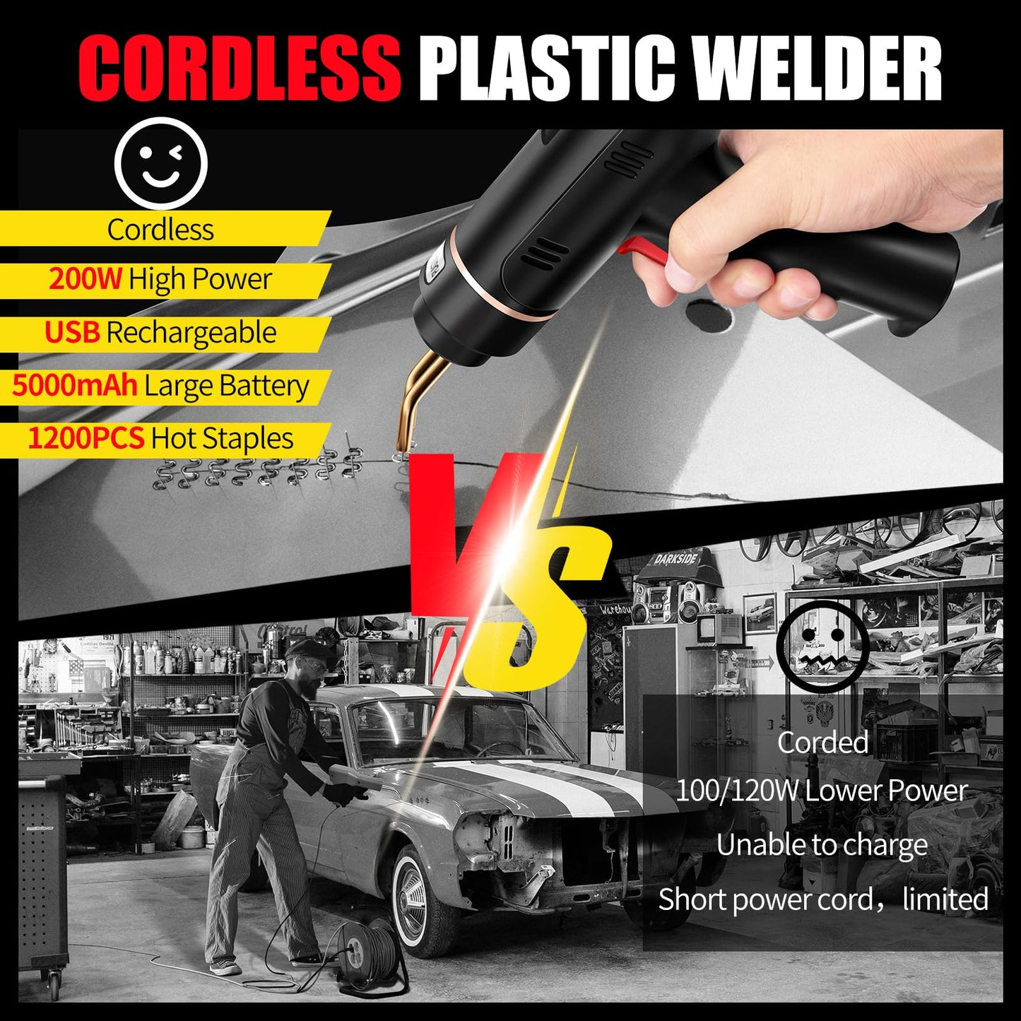 200W Cordless Plastic Welder, Plastic Welding Kit with 1200PCS Hot Stapler, USB Rechargeable Plastic Welder Gun with 5000mAh Battery, Plastic Weld Bumper Repair Kit for Most Plastic Repair