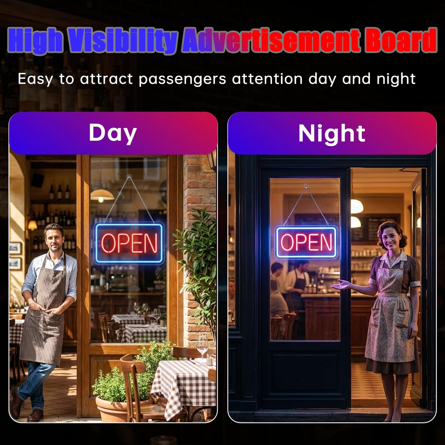 GABROGA 22 x 12inch Large Open Sign for Business, 10-Level Dimmable LED Neon Light up Open Signs, 12V/3A Open Sign USB Powered with 6.7FT Cord Easy to Hang for Window Bar Cafe Salon Store, Blue-Red