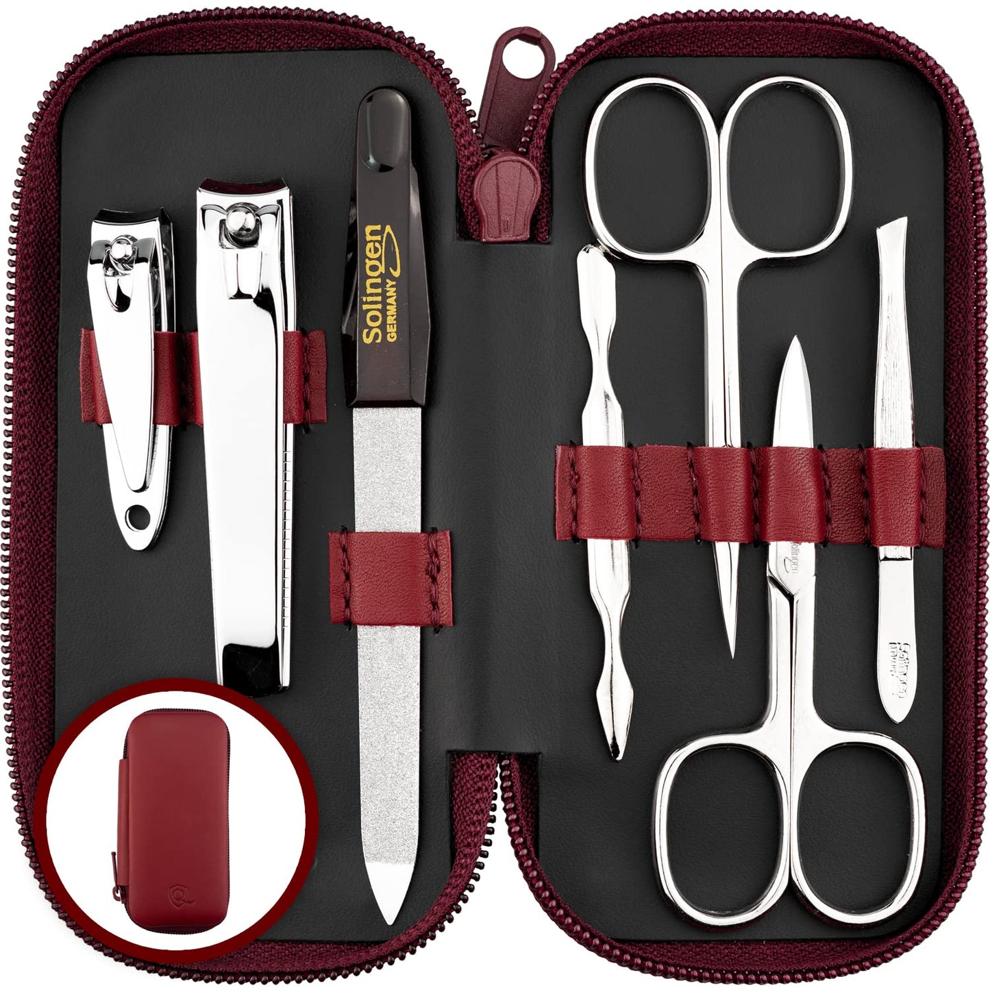 marQus Manicure Set Solingen Made in Germany - 7 piece stainless steel exclusive finger & toe nail clippers set in real leather case, made in Solingen Germany* (except for clippers)