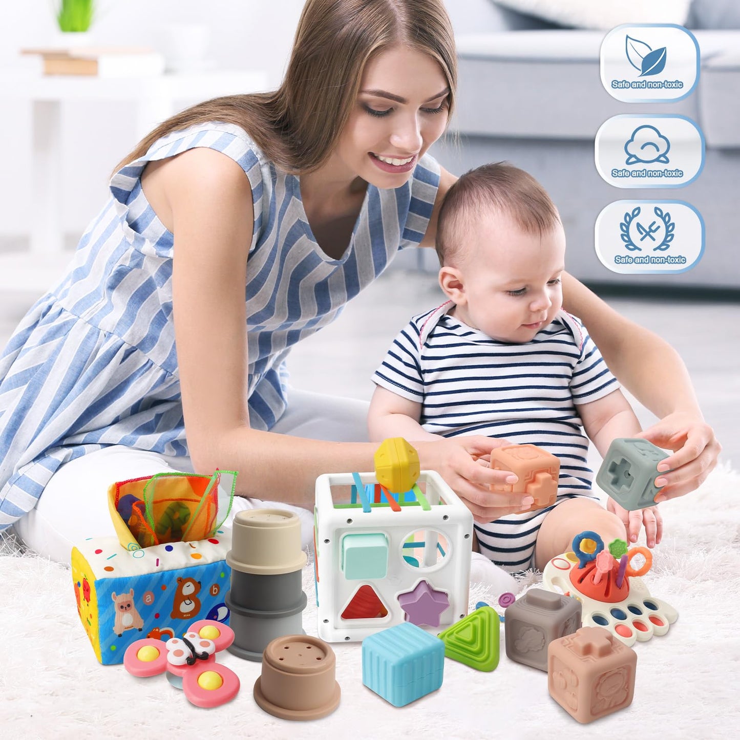 6 in 1 Baby Montessori Toys for 6-12 Months, Montessori Toys for Babies Incl Pull String Toy, Stacking Cups, Tissue Box Toy, Suction Cup Spinner Toys, Stacking Blocks, Activity Cube Gift for Boy Girl