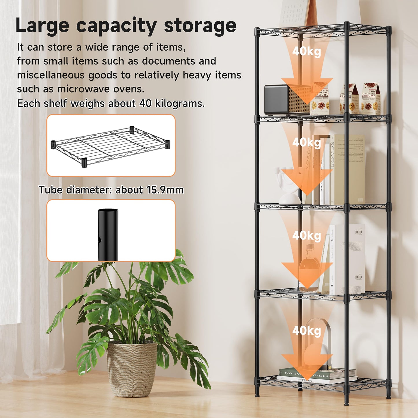 IZEUK 5-Shelf Shelving Unit - Heavy Duty Storage Shelving, Metal Wire Shelving, Storage Organizer Standing Rack for Kitchen, Office and Garage (Black, 5 Tier, 11.8" D × 17.7" W × 55" H)
