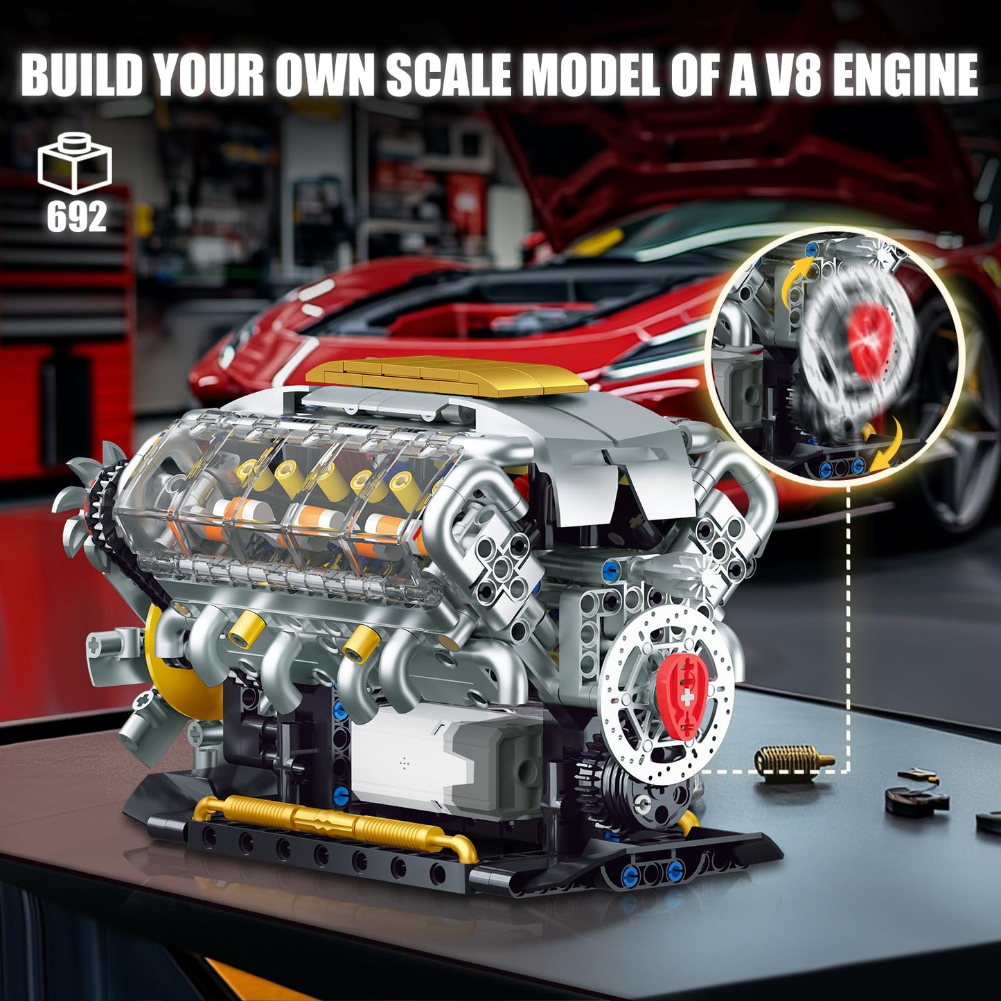 BseSparklion V8 Engine Building Kit for Adults, Build Your Own MOC Mini V8 Engine Model Toy for Display, Compatible with Lego Car Set, STEM Building Project for Teens & Kids Boys 8-14 (692 PCS)