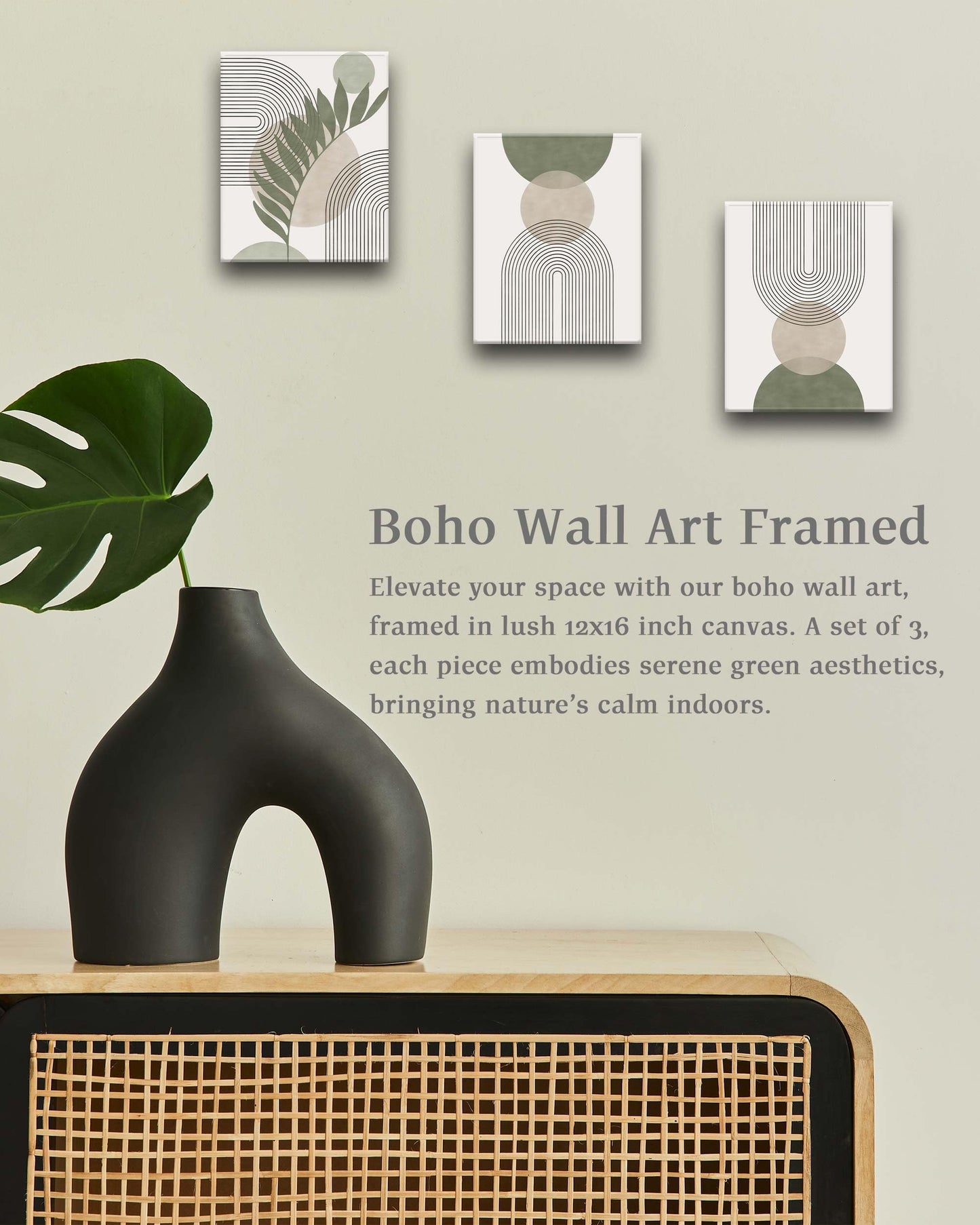 HesenDot Sage Green Boho Wall Art,30x40CM Framed Canvas Posters Prints,Minimalist Wall Decor Pictures,Mid-Century Modern Wood Framed Abstract Printing for Living Room Bedroom Bathroom Office,Set of 3