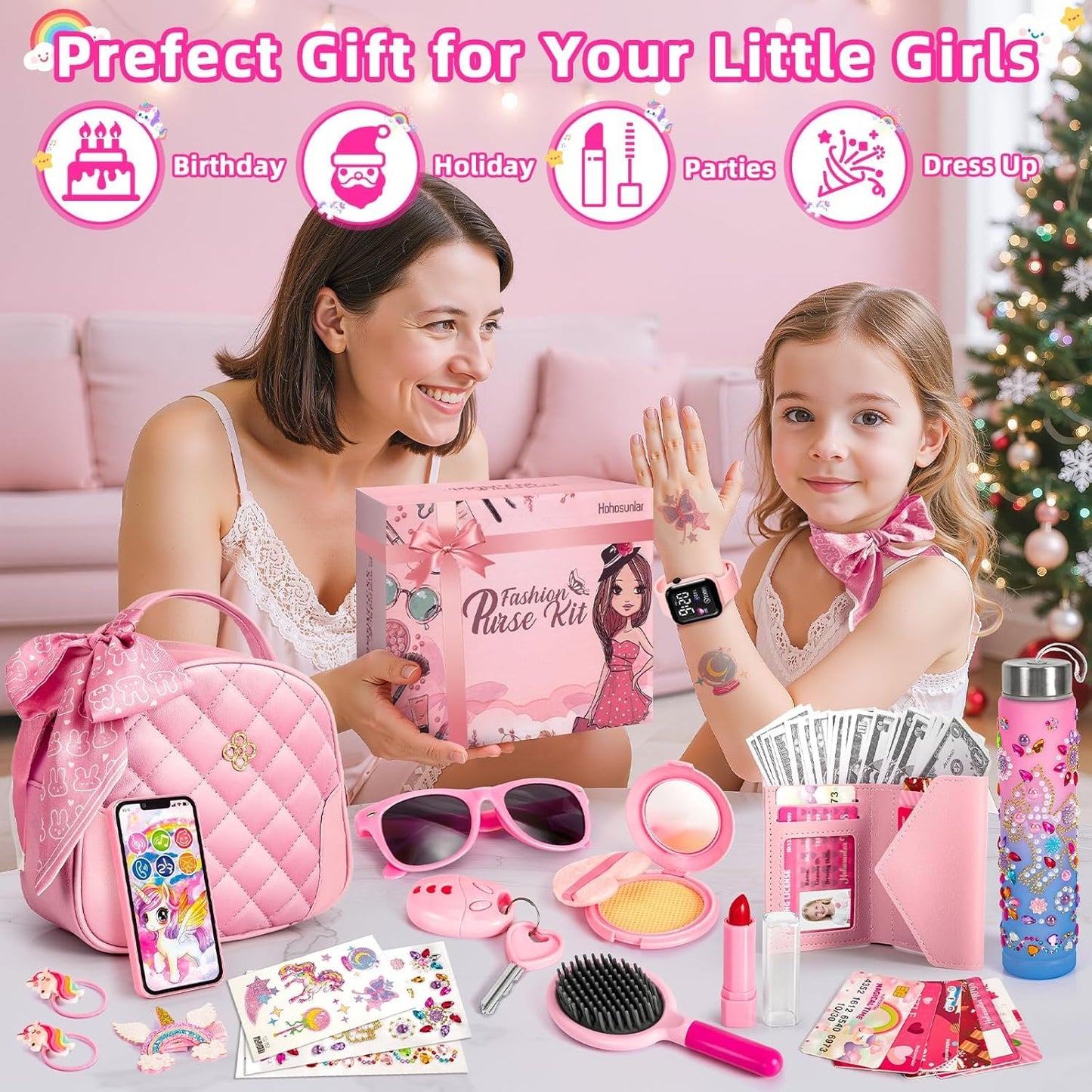 Hohosunlar Play Purse for Little Girls Toddlers, Kids Handbag w/ Pretend Makeup, DIY Unicorn Water Bottle, Toy Phone, Watch, Wallet Cards Stickers, Princess Christmas Birthday Gift Toy for Girls 3-12