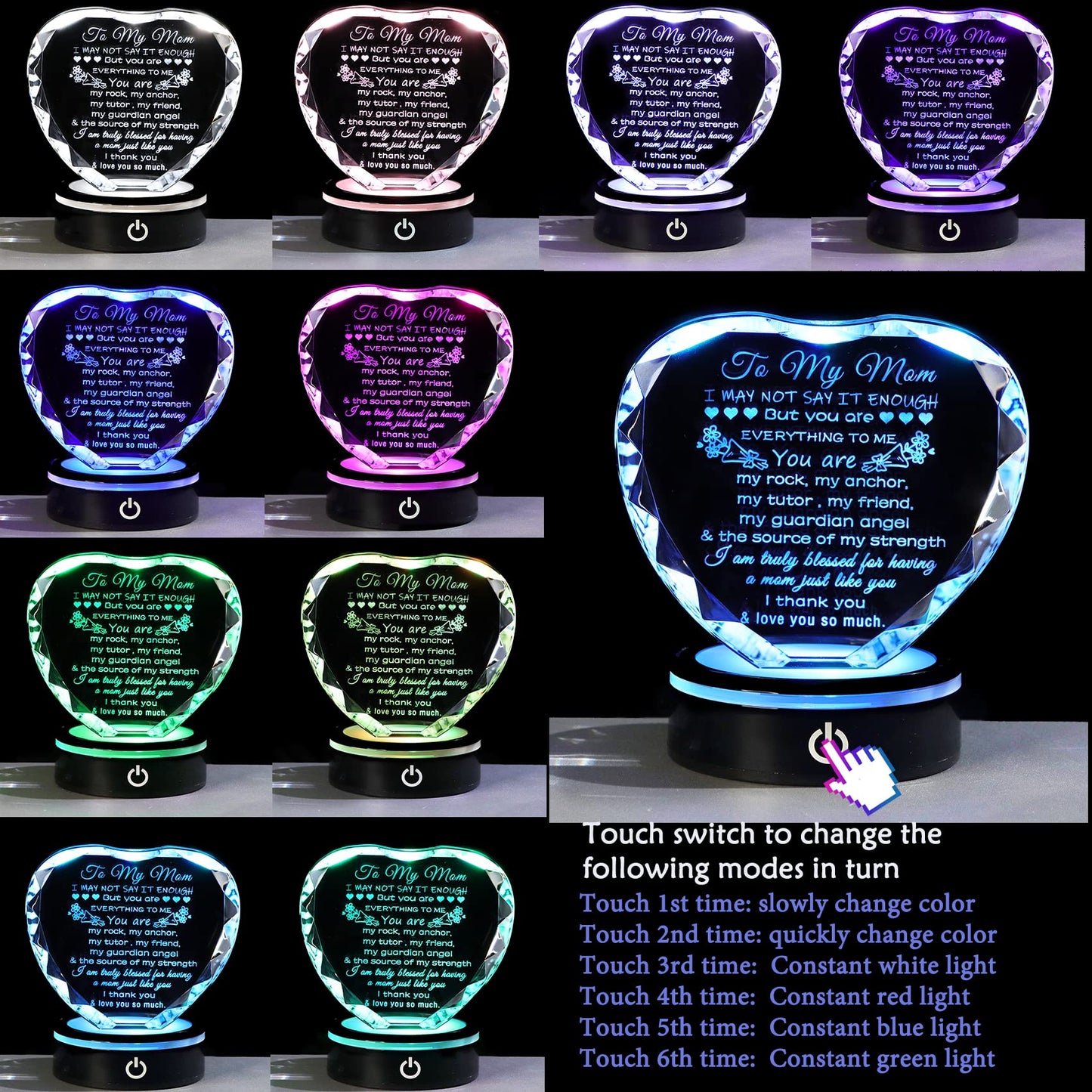 YWHL Gifts for Mom from Daughter Son Moms Birthday Gifts Unique Heart Crystal Laser Words Gift for Mom with Colorful Base on Mothers Day Thanksgiving Day Christmas Valentine's Day