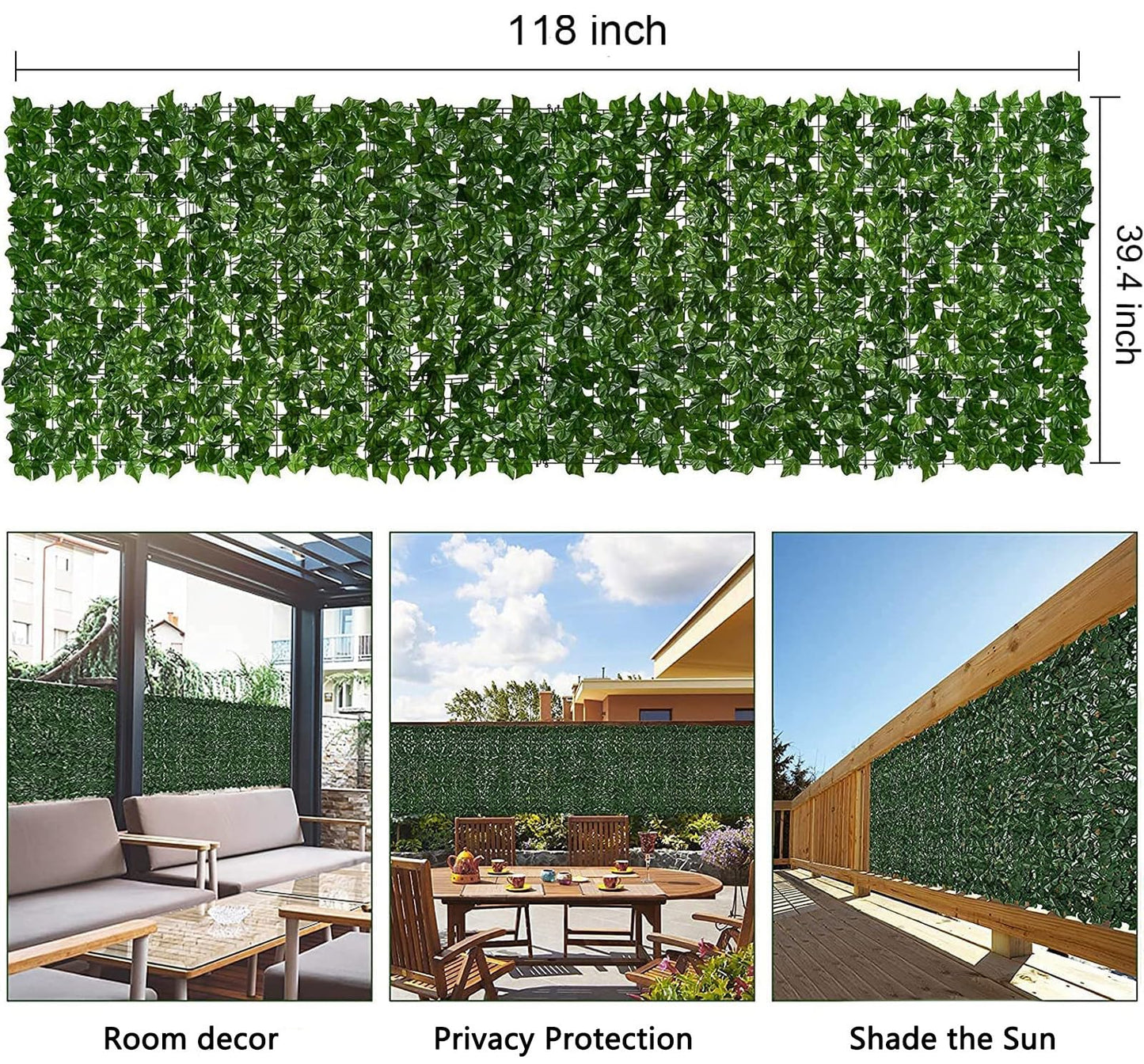 Artificial Ivy Privacy Fence with Lights 118x39.4in Grass Wall Screen Fake Vines Balcony Fence Privacy Screen Cover, Faux Ivy Leaf Hedge Panels Wall Decoration