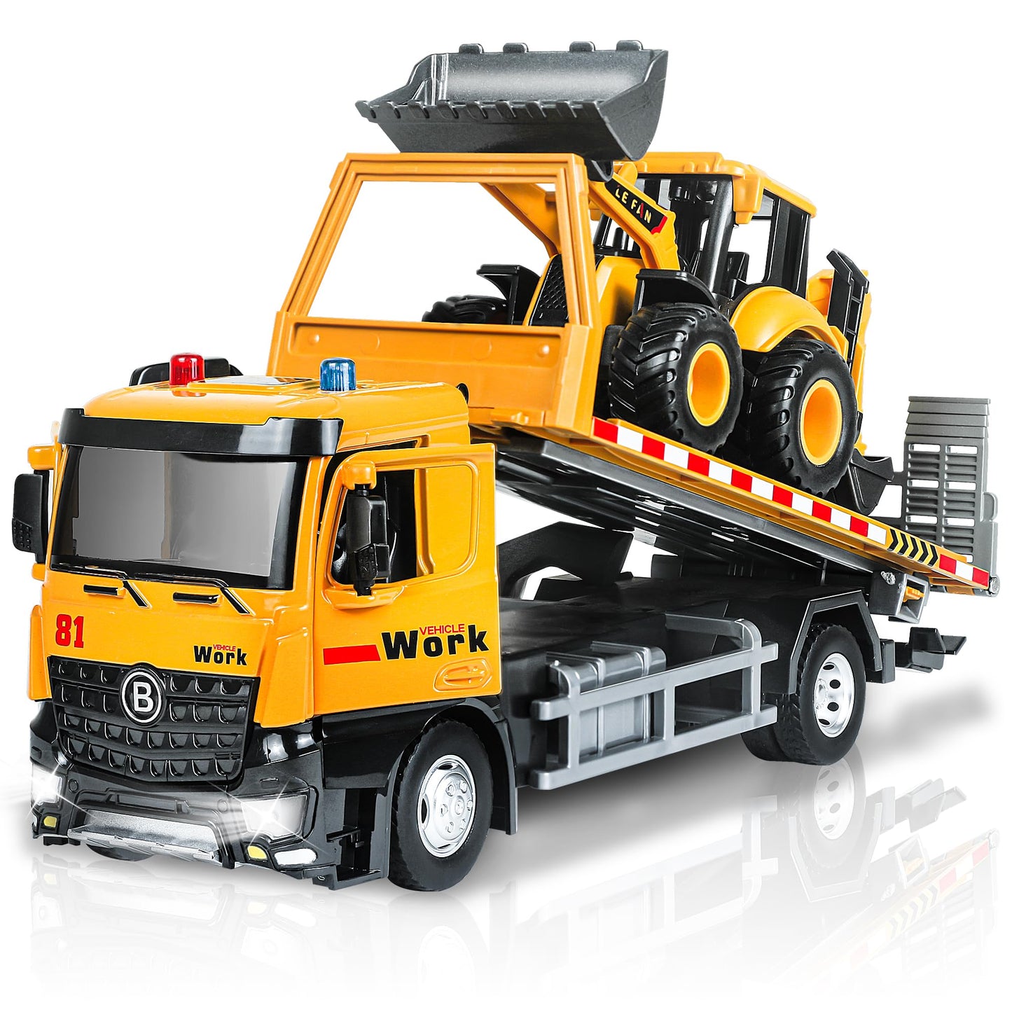 ID Gerilla Tow Truck Toy Metal Cab, Flatbed Tow Truck Toys for Boys Age 3-5 with Backhoe Loader, Friction Powered Transport Trailers with Lights, Sounds, Construction Vehicles for Kids Birthday