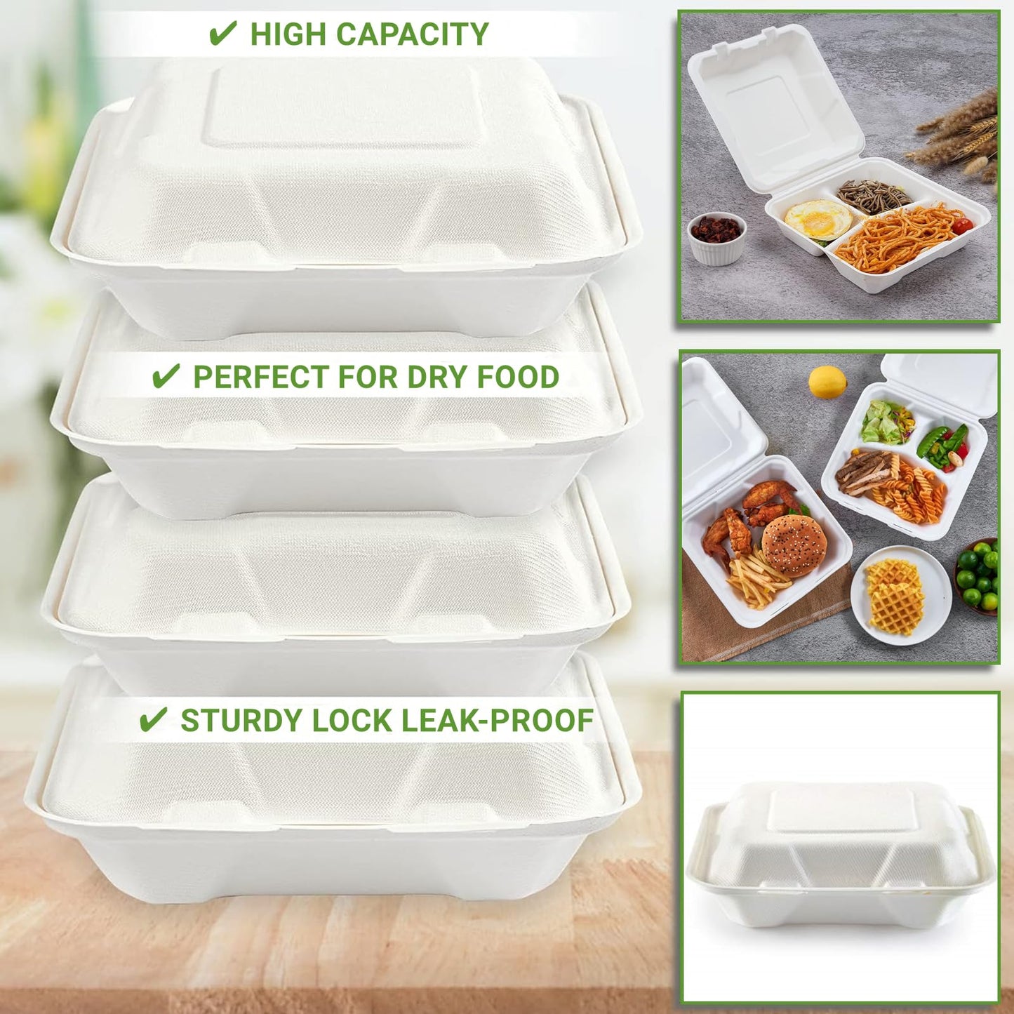 8X8" 3 Compartment 80-Pack Plastic Clamshell Take Out Food Containers, Heavy Duty To-go Disposable Lunch Box For Cake, Sandwich, Salad,Dessert, Restaurant Meal Prep Packaging Catering Hinged Container