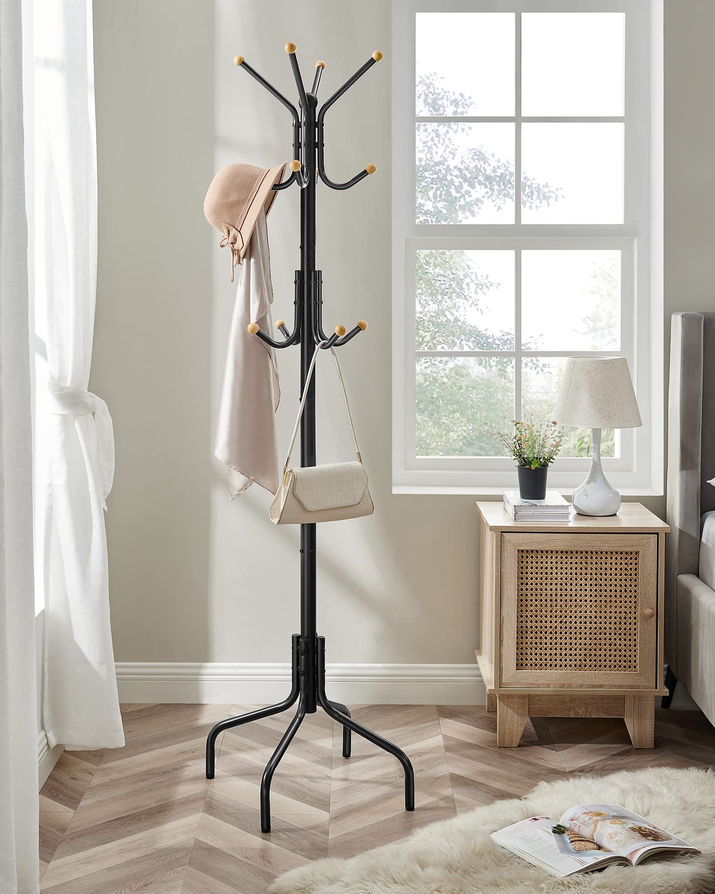 SONGMICS Coat Rack Freestanding, Metal Coat Rack Stand with 12 Hooks and 4 Legs, Holds Clothes, Hats, and Bags, for Entryway, Living Room, Bedroom, Black URCR031B01