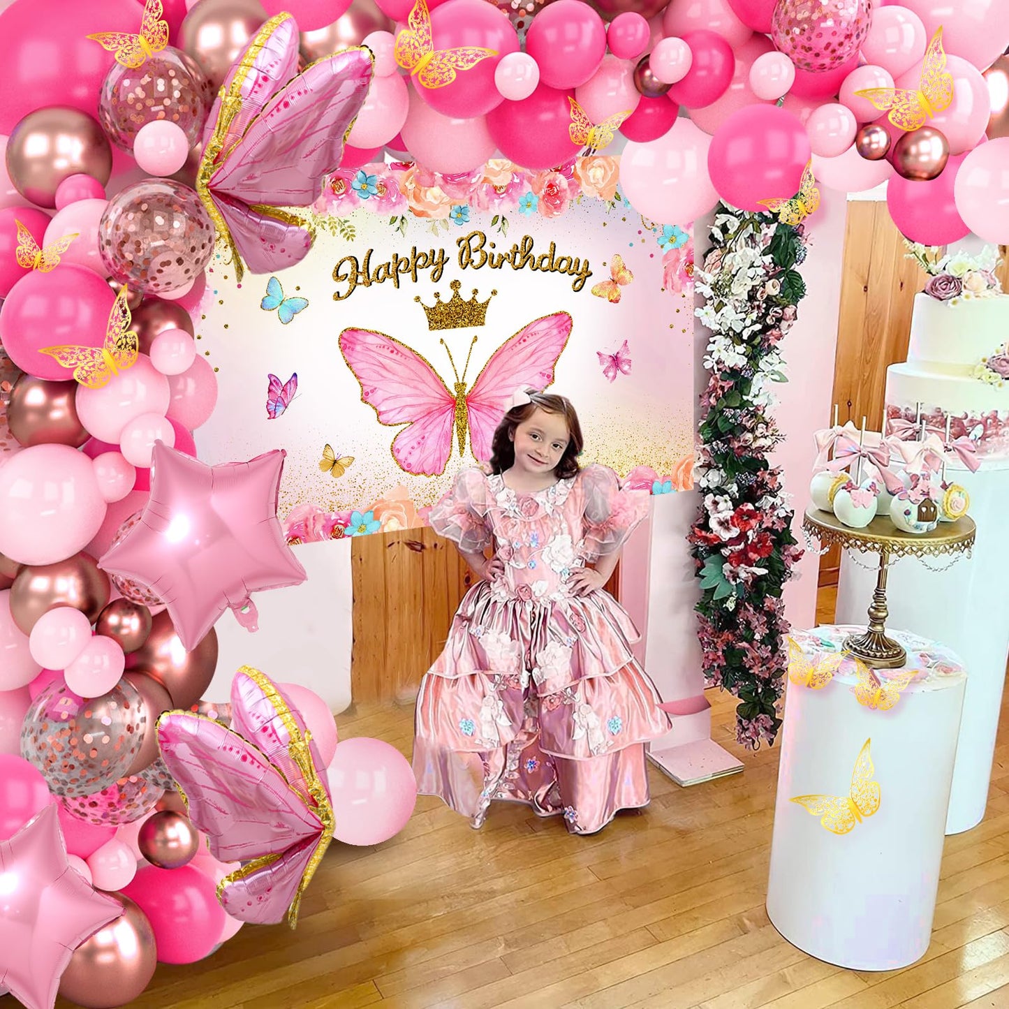 Pink Balloon Arch Kit with Foil Butterfly Balloons, Happy Birthday Backdrop & Tablecloth Decorations for Girl's Party - 106 Supplies