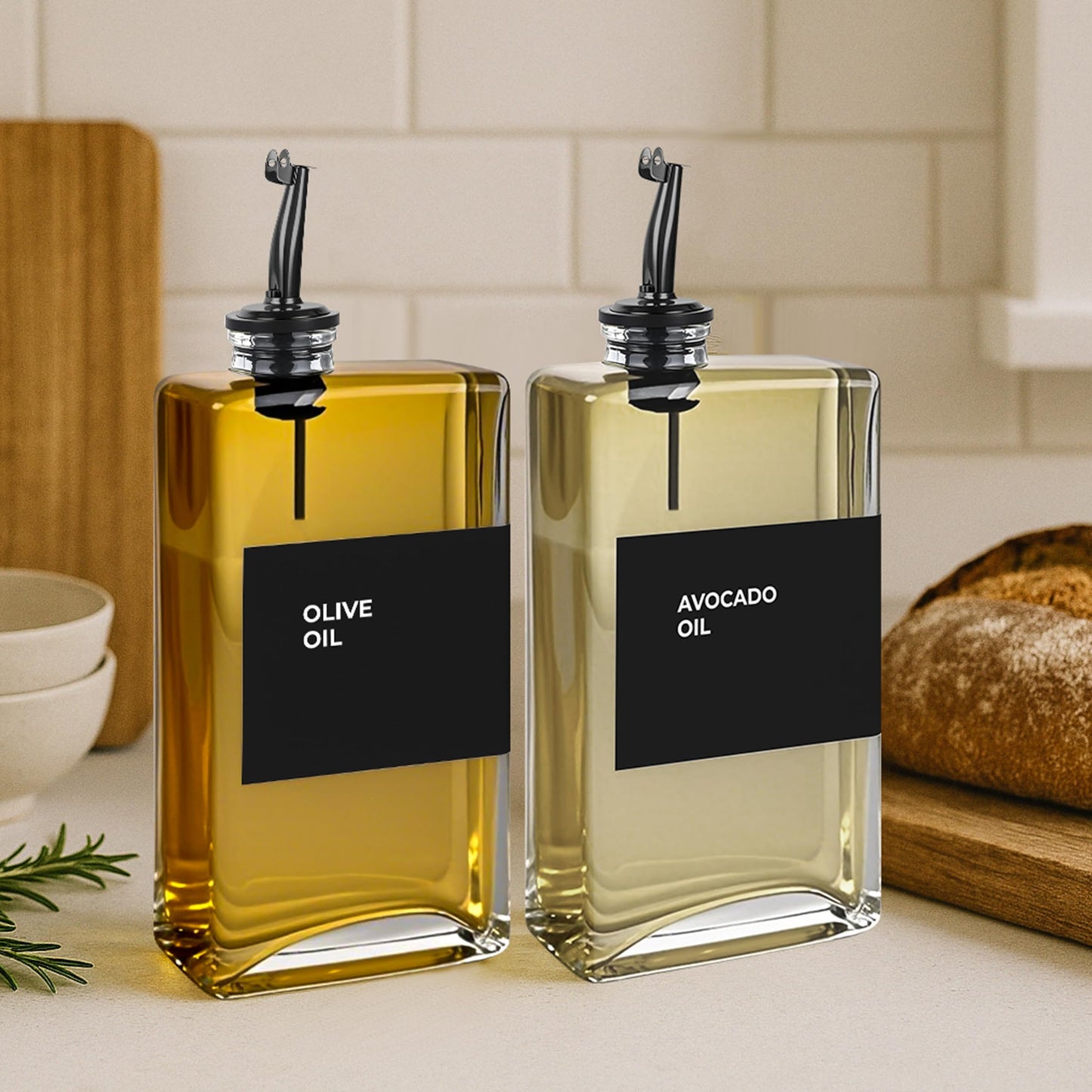 Spaceneat Olive Oil Dispenser Bottle - Includes 48 Kitchen Essential Labels - Cooking Oil Bottles for Kitchen, Coffee Syrup Dispenser - Pourer Spout with 350 mL Glass Container Cruet - 4pcs, Black