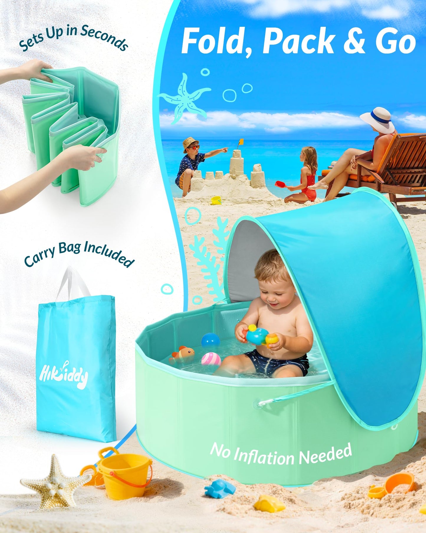 Hikiddy Foldable Kiddie Pool with Canopy: 31.5in Baby Pool (Blue&Mint, 31.5in)
