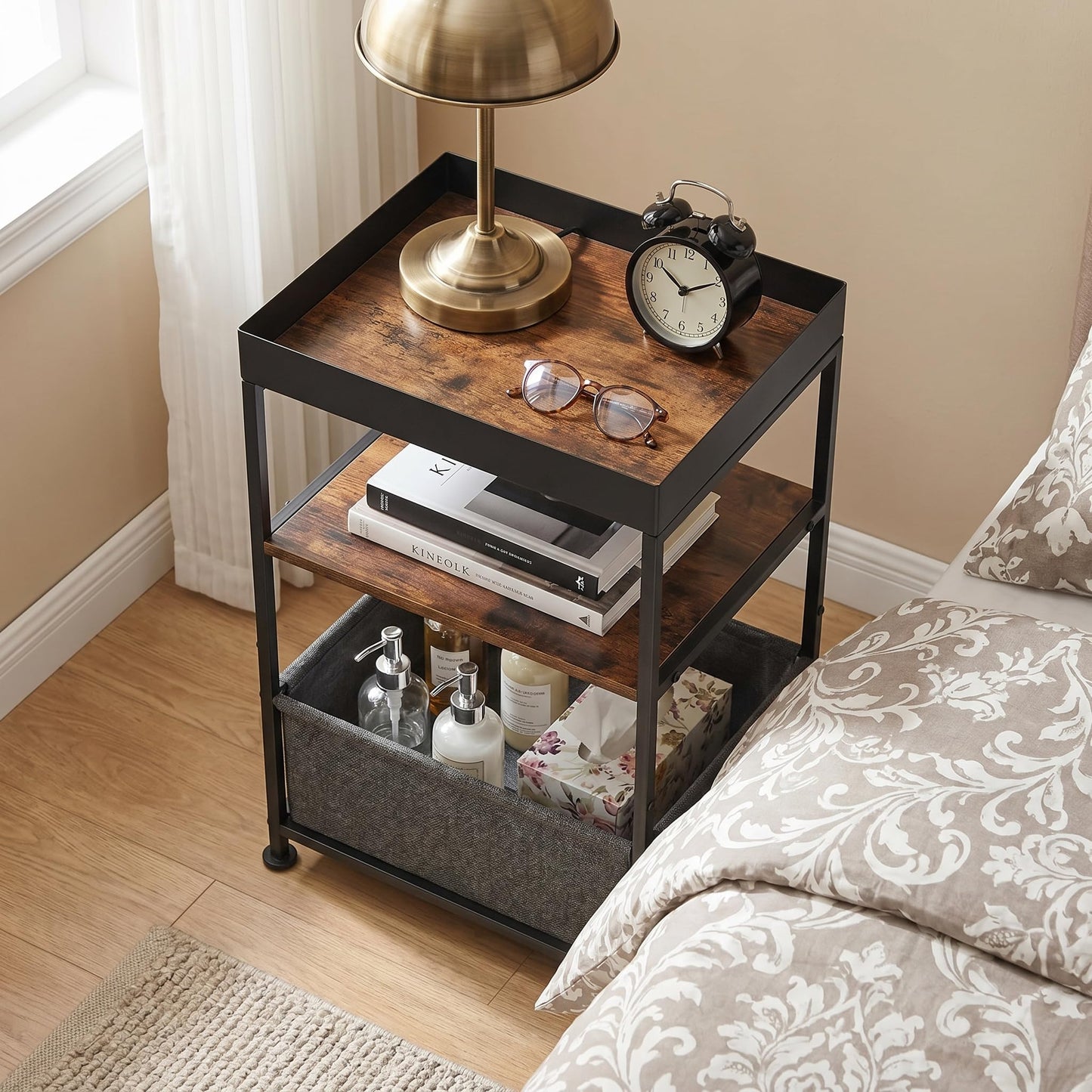 ZEXVIDA Industrial Narrow Side Table with Storage, 3 Tier End Table with Fabric Bin & Tray Top for Living Room, Narrow Nightstand Slim Bedside Table for Bedroom, Small Spaces, Rustic Brown