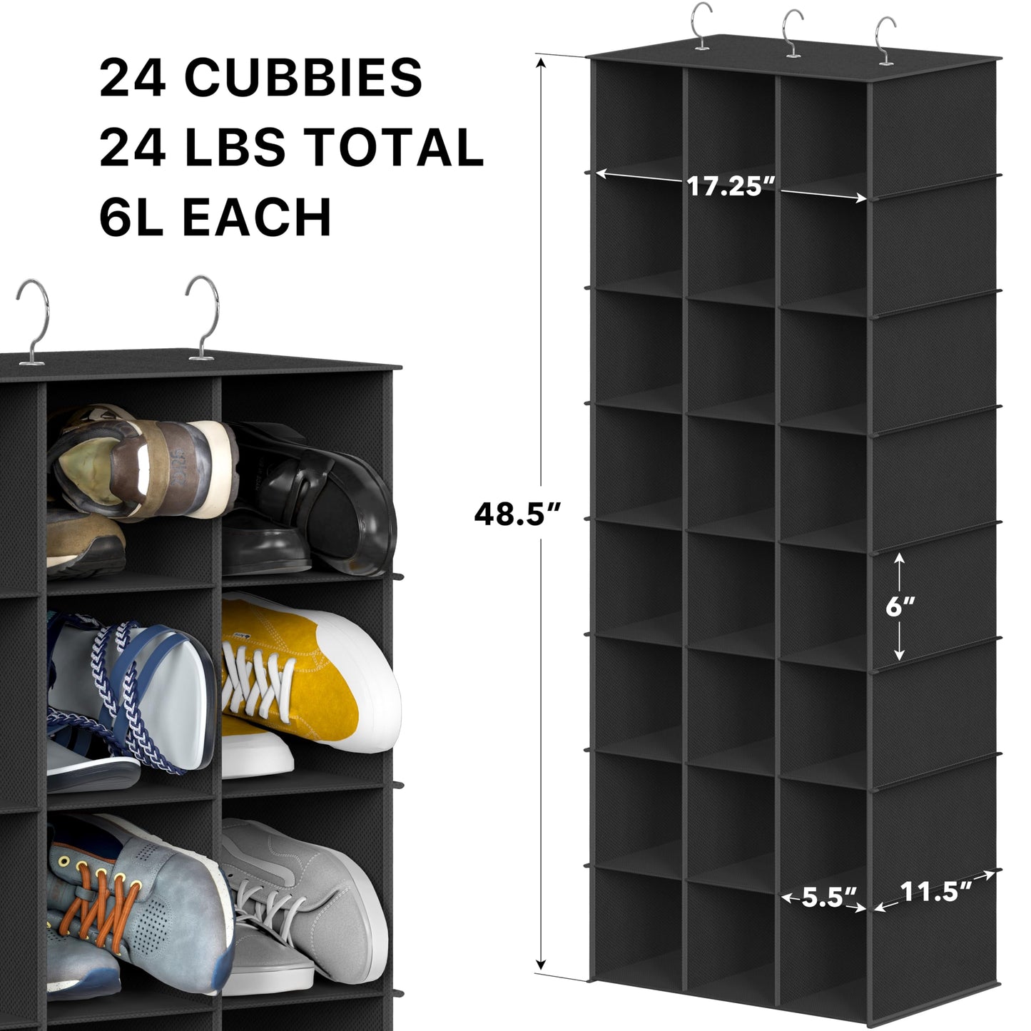 Simple Houseware Hanging Shoe Shelves Closet Organizer Storage, 24 Sections, Black