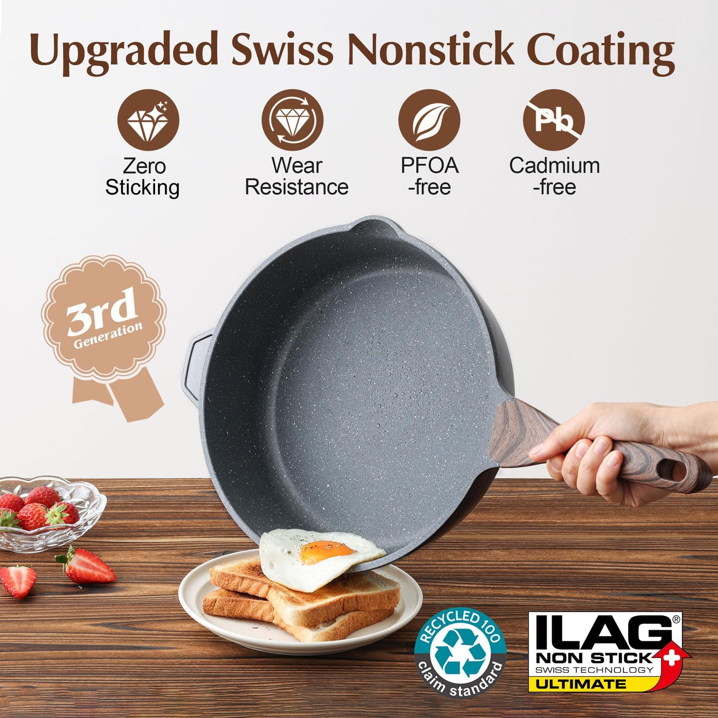 SENSARTE Nonstick Deep Frying Pan Skillet, 11-inch Saute Pan with Lid, Stay-Cool Handle, Chef Pan Healthy Stone Cookware Cooking Pan, Induction Compatible
