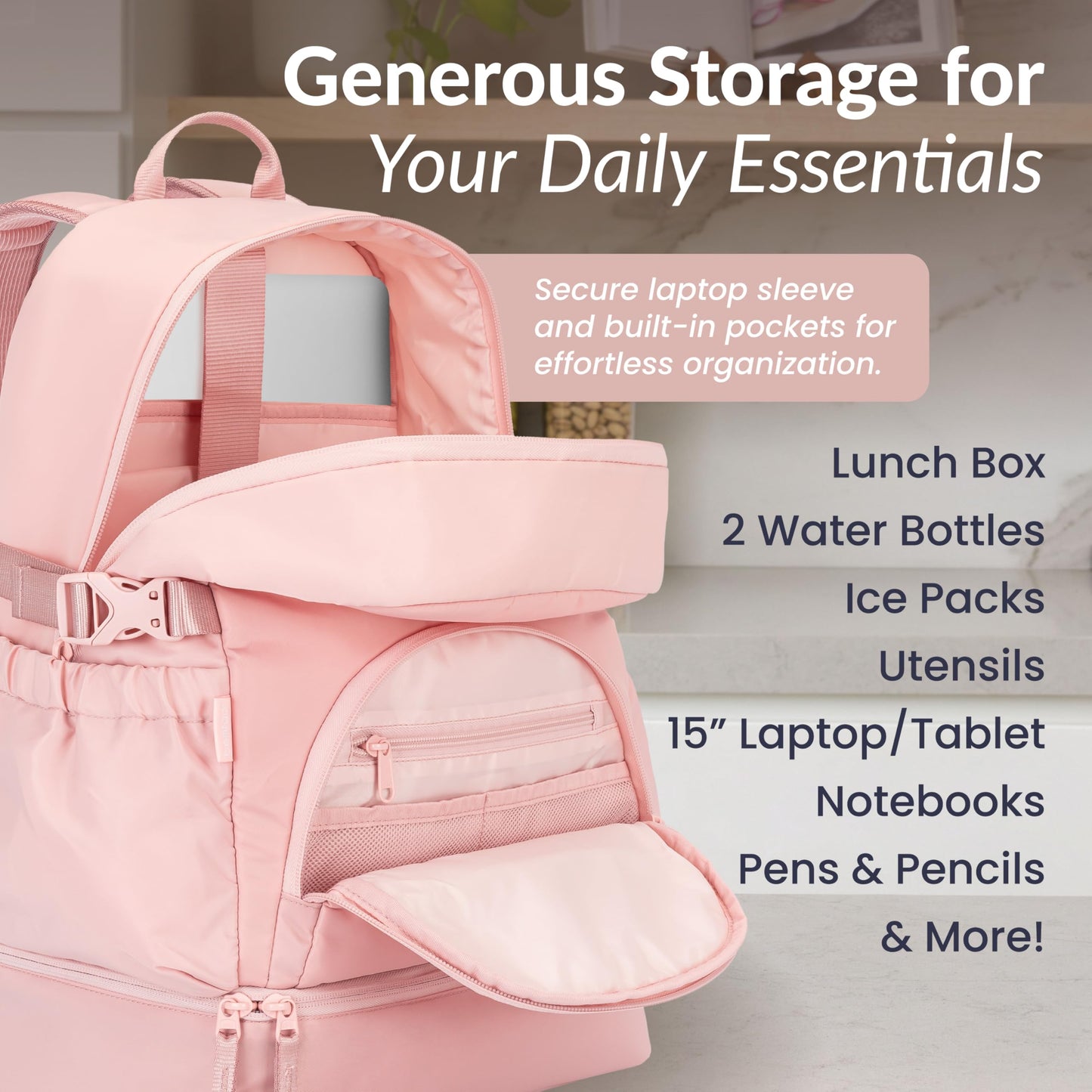 Bentgo® 2-in-1 Adult Backpack & Insulated Lunch Bag – Lightweight, Water-Resistant Travel Backpack with 9 Compartments, Laptop Sleeve & Trolley Sleeve for Work & Everyday Use (Soft Blush)