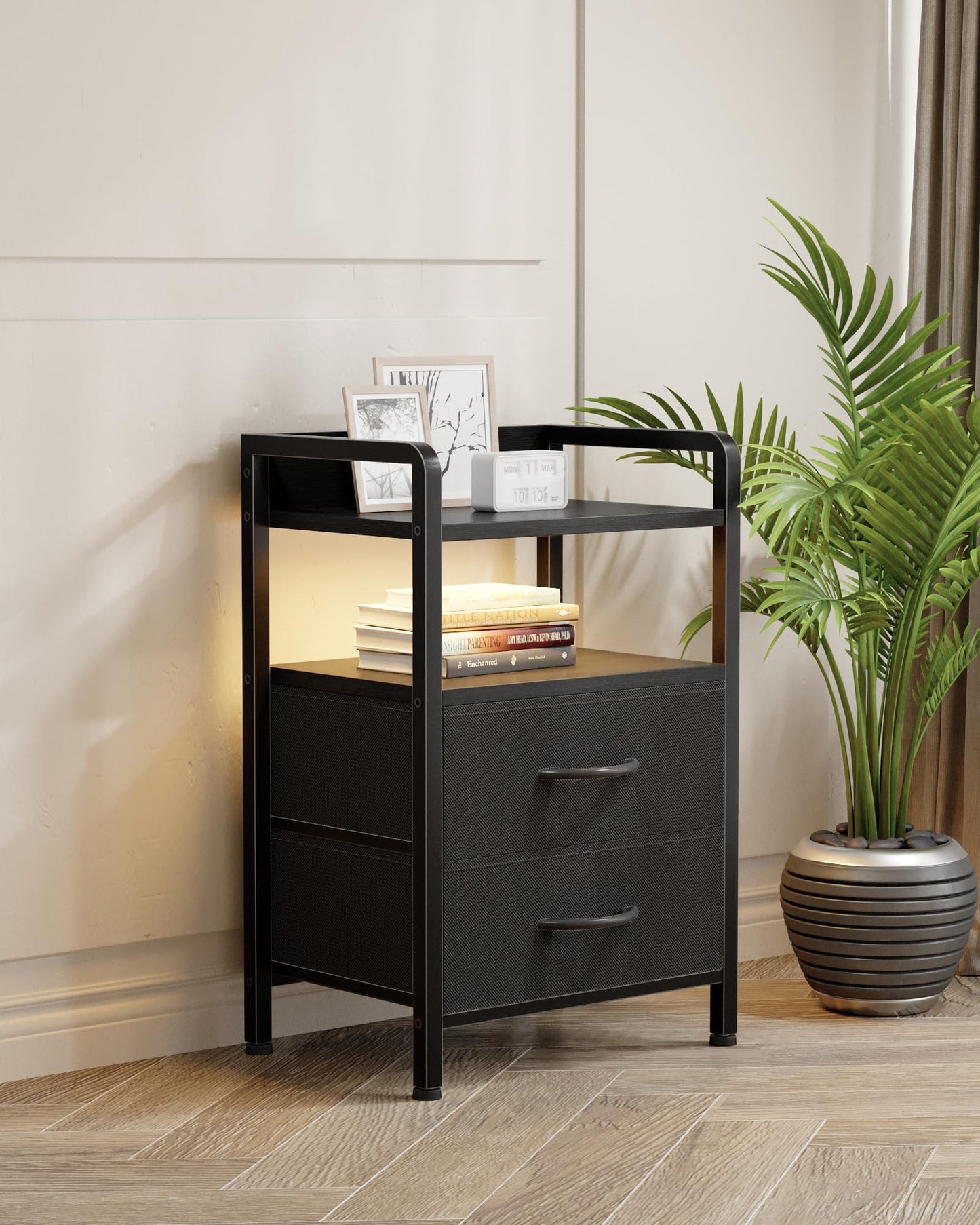 Night Stand Bedside Table Bedroom - Nightstand with Charging Station & LED Light Strip, Bed Side Table with Storage Shelf for Bedroom, End Table with U-S-B Ports & AC Outlets (Black, 2 Fabric Drawers)
