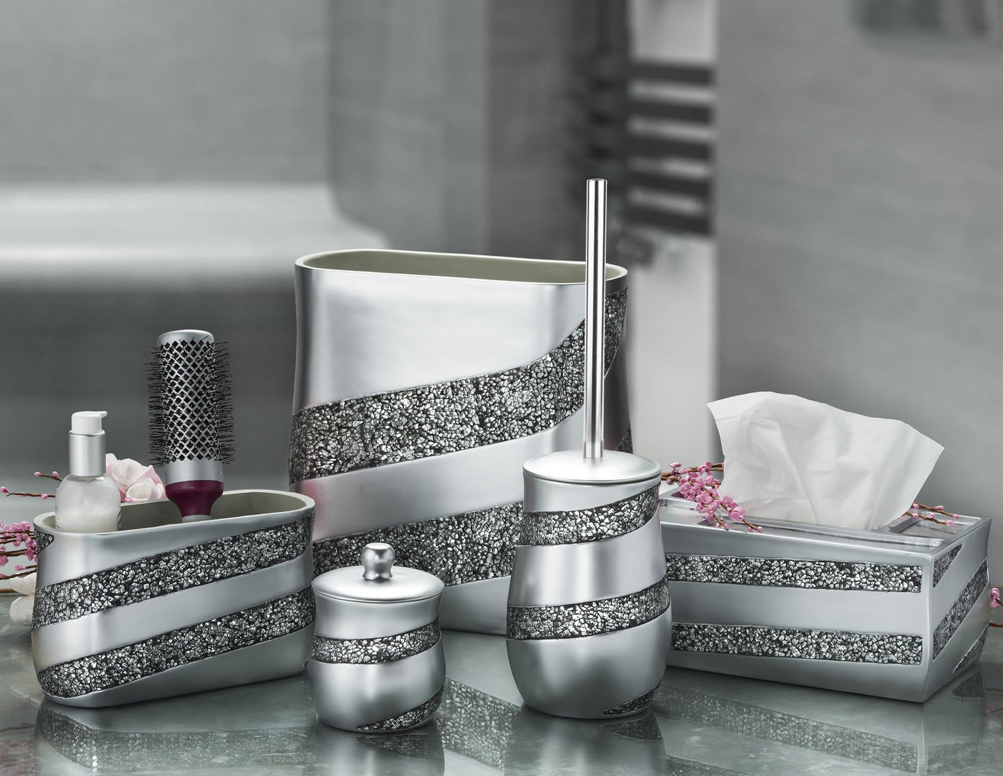 Creative Scents Toilet Brush and Holder Set - Silver Mosaic Toilet Bowl Brush and Holder, Toilet Cleaner Brush with Sturdy Stainless Steel Handle, Bathroom Toilet Scrubber Brush with Decorative Holder