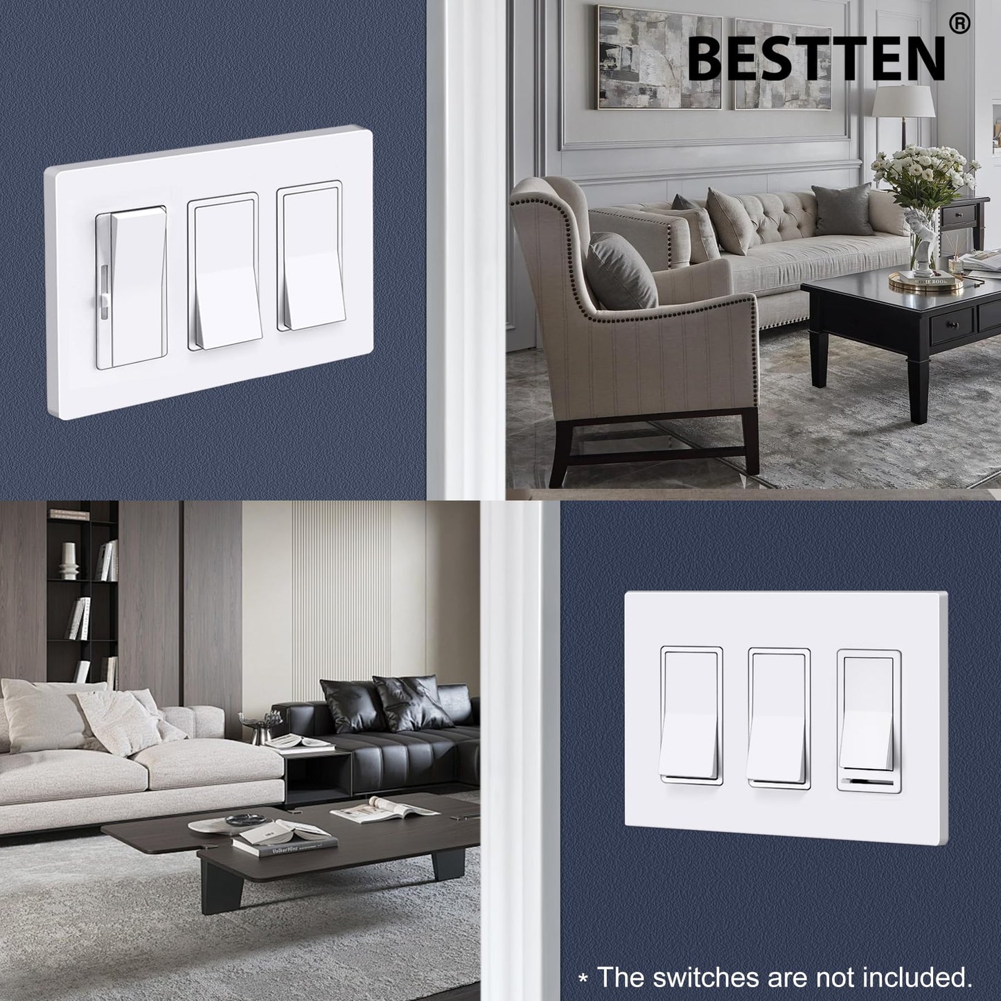 BESTTEN 5 Pack of 3-Gang Screwless Wall Plate, USWP6 Gloss Snow White Series, Decorator Outlet Cover, 11.91cm x 16.61cm, for Light Switch, Dimmer, GFCI, USB Receptacle
