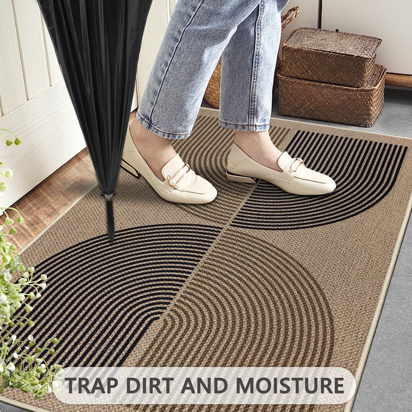 Capslpad Indoor Doormat 35"x59", Non-Slip Absorbent Dirt Resist Front Back Door Mat, Modern Easy Jute Entrance Door Mat, Washable Inside Floor Area Rug for Entryway Living Room Bedroom, Brown&Black