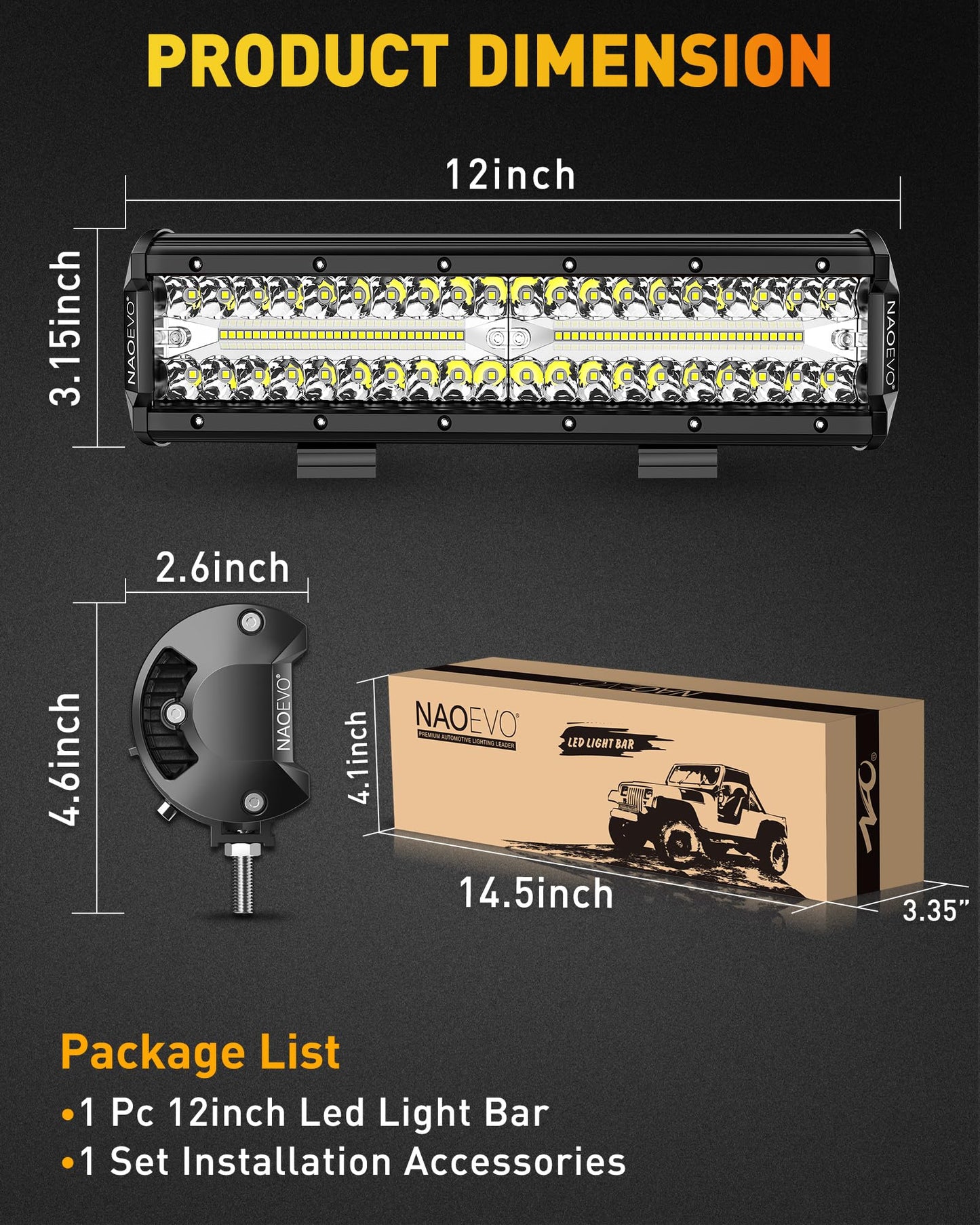 NAOEVO 12 inch LED Light Bar, 300W 30000LM LED Offroad/Driving/Fog Lights LED Bar, Spot Flood Combo Beam LED Work Lights for Truck UTV ATV Tractor Golf Cart Boat, 1 Pc (White)