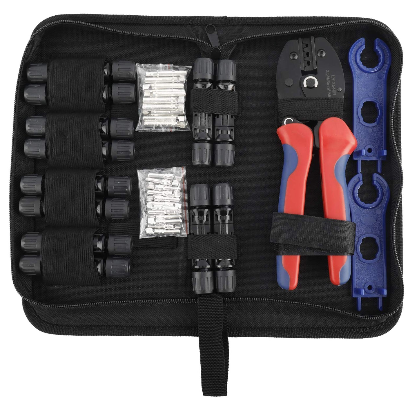 Solar Crimping Tools Kit for 2.5/4.0/6.0mm² Solar Panel PV Cable 26-10AWG,12 Pairs of Male Female Solar Connectors, 1 Pair Solar Spanners and 1 Wire Crimper