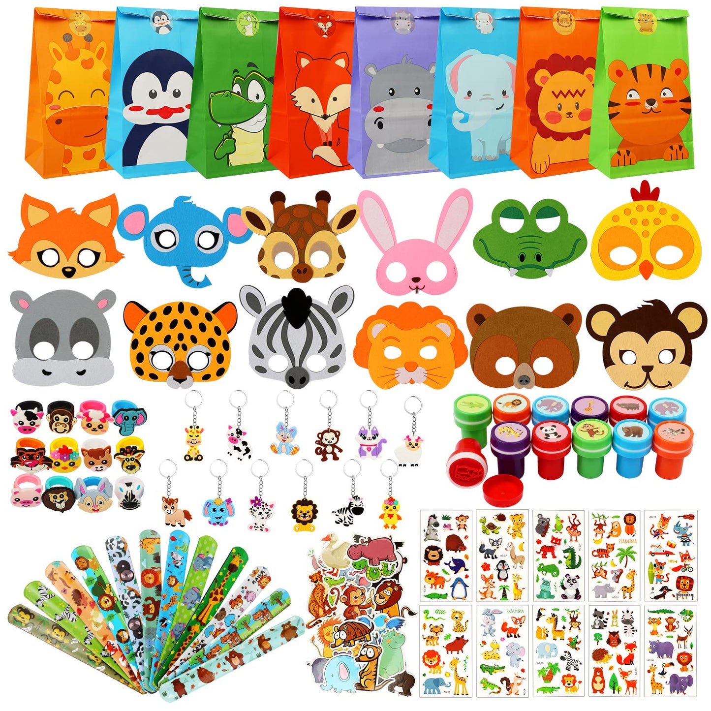 RichSmile 136PCS Jungle Safari Party Favors, Zoo Safari theme Birthday Animal Party Supplies with Treat Bags Slap Bracelets Animal Masks for Kids, Keychains,Stickers as Goodie Bag Fillers