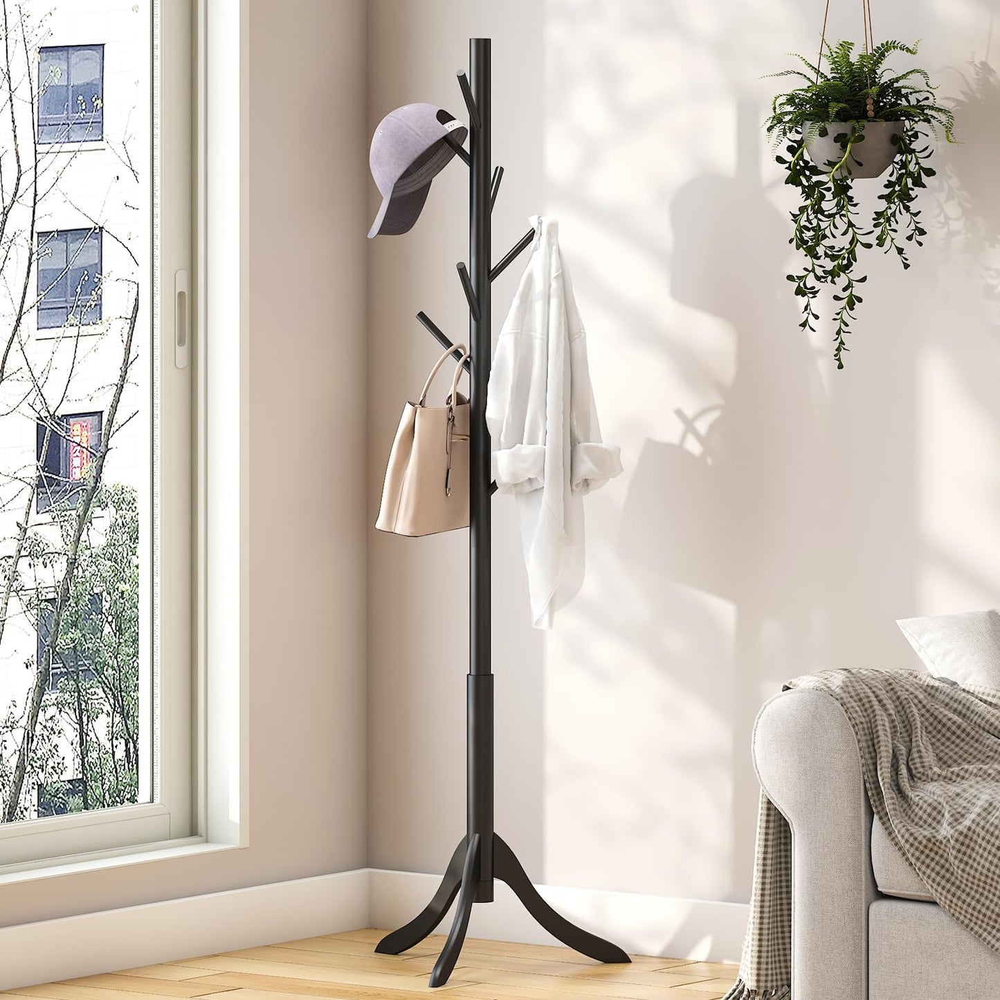 Black Coat Rack Stand, Bamboo Wood Coat Tree with 8 Hooks, Hallway Entryway Hat Hanger Organizer Standing for Bedroom, Office, Clothes, Jackets, Bags, Umbrellas