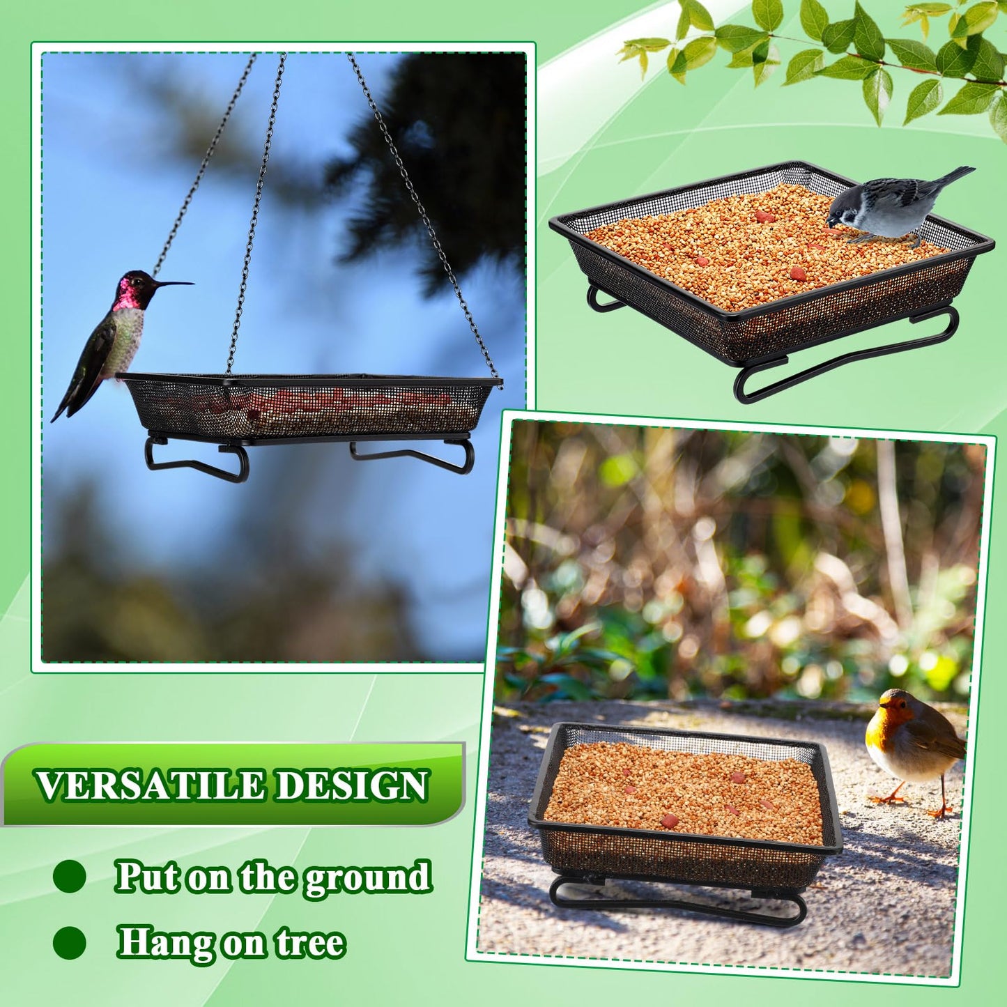 Nuogo 4 Pcs Platform Bird Feeder 7 Inches Ground Bird Feeder Tray for Outside Metal Squirrel Feeders Rust Resistant Mesh Seed Tray Garden Yard Decoration for Outdoor Wild Dove(Square)