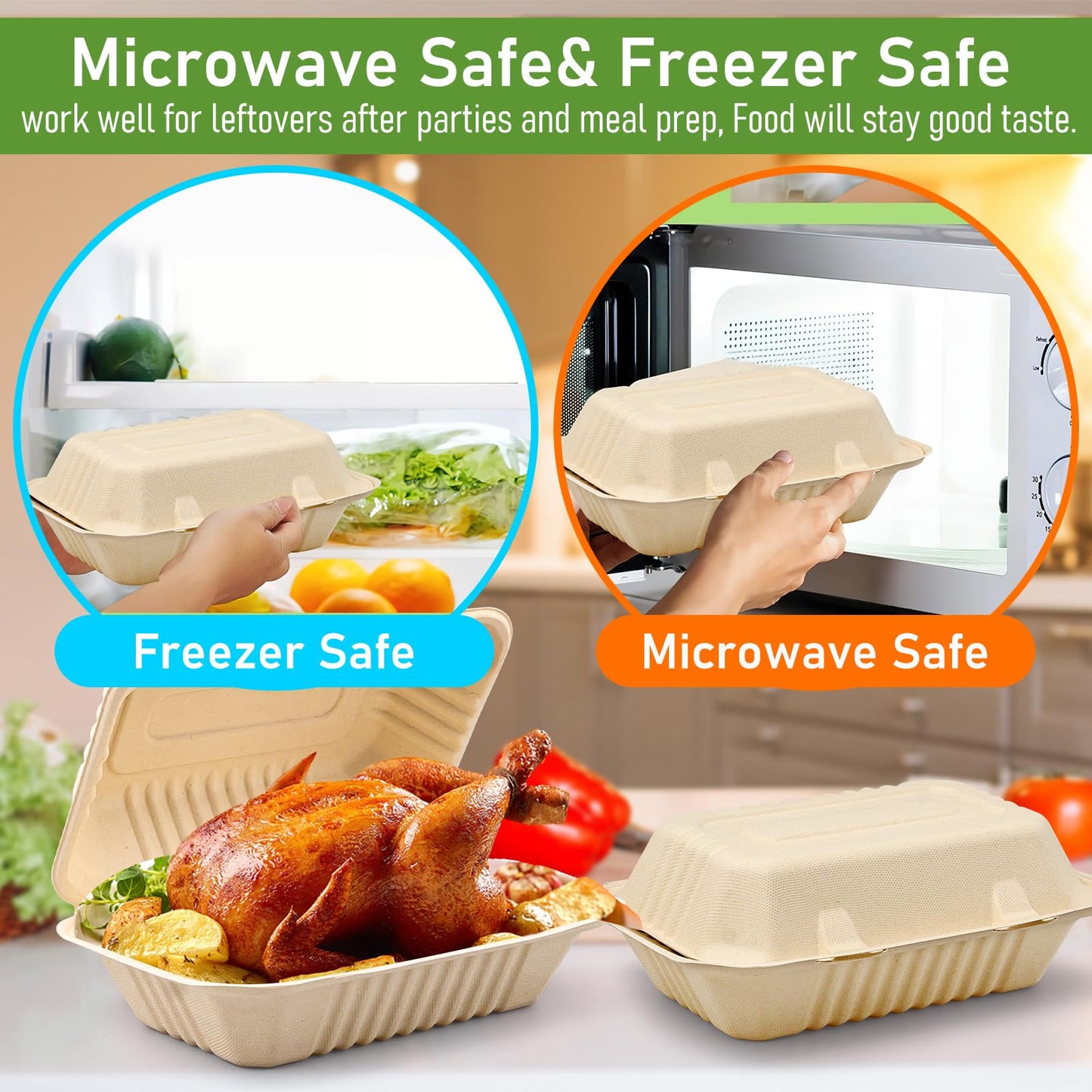 9 x 6 Clamshell Take Out Food Containers - 75 Pack Disposable To Go Containers, Compostable & Biodegradable Made of Sugar Cane Fibers