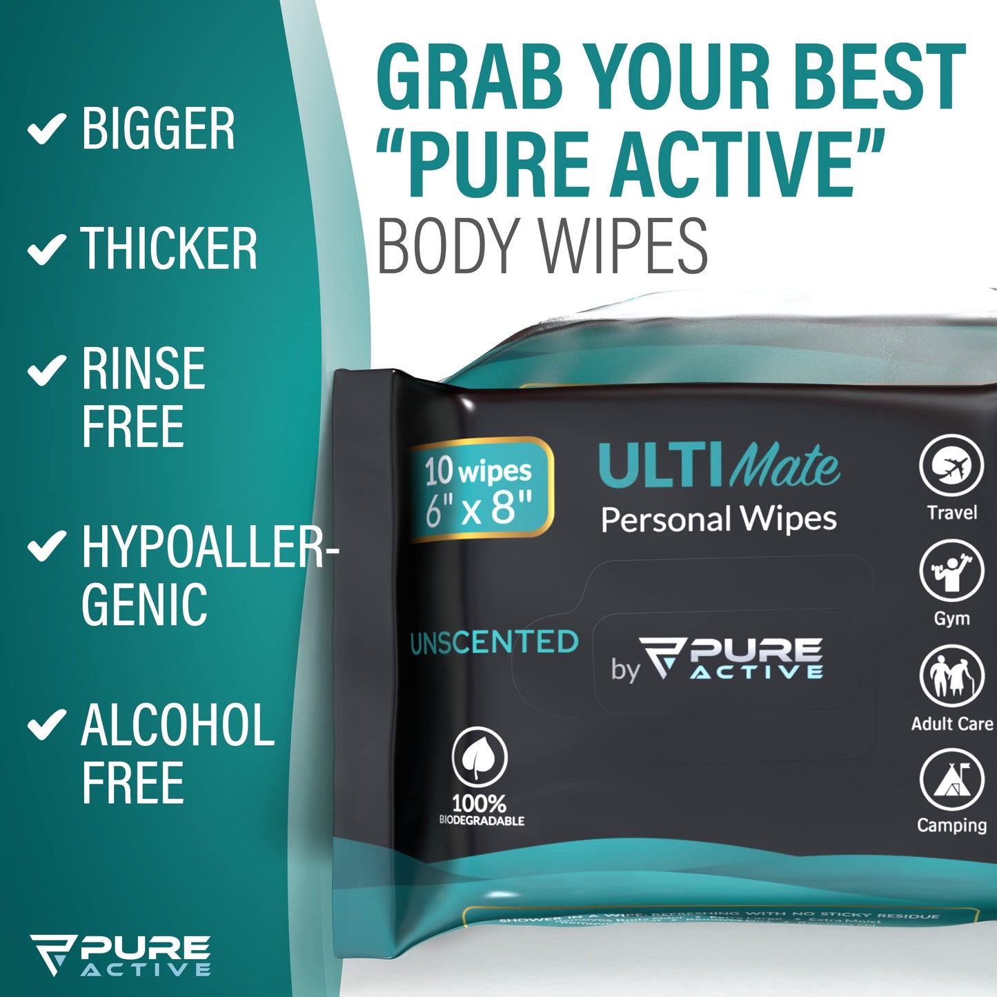 Pure Active Ultimate Shower Body and Face Wipes, Biodegradable Personal Hygiene Body Cleansing Wipes for Men,Women for After Gym Travel Camping Adult Bathing Wipes (120 Wipes 6''x8'', Unscented)