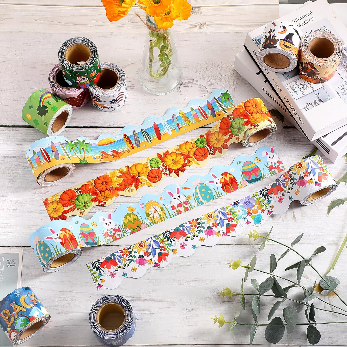 Geyee 12 Rolls 394 ft Holiday Bulletin Board Borders Seasonal Bulletin Board Decorations Summer Beach Trim for School Classroom Wall Decor