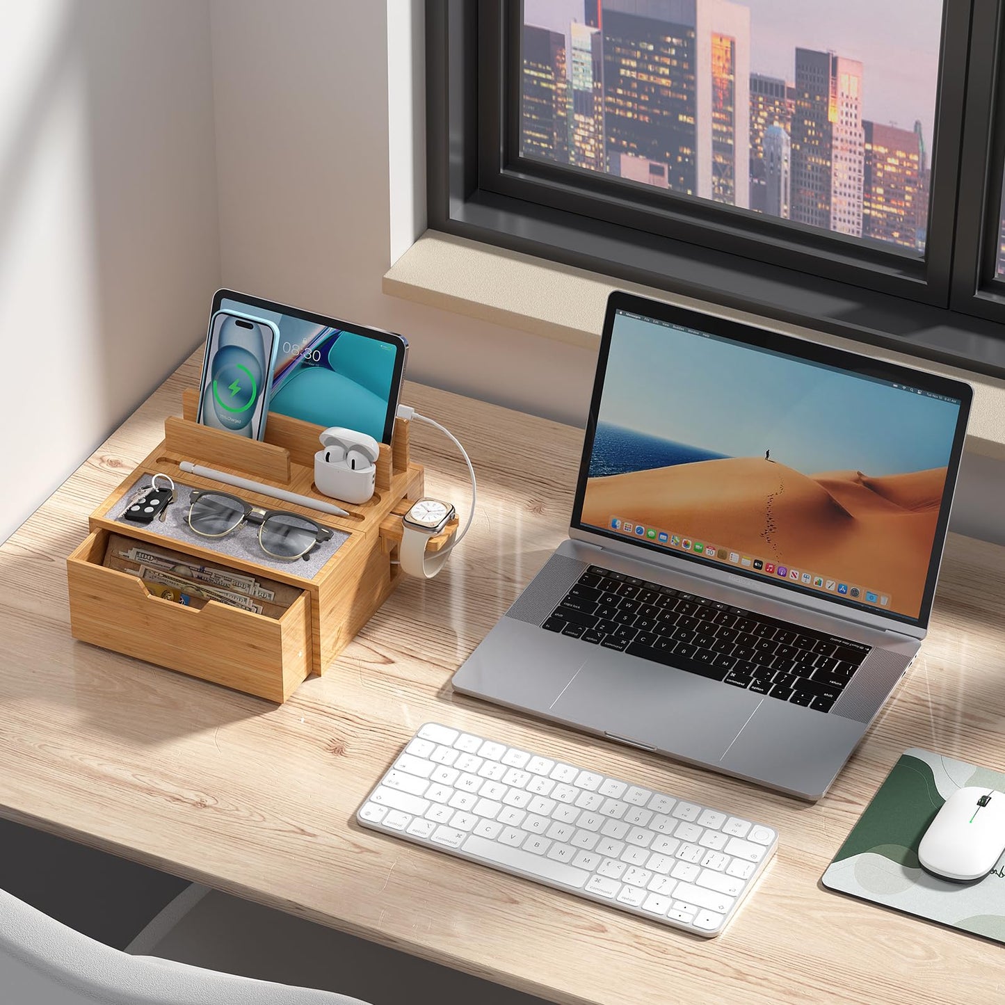 Pezin & Hulin Bamboo Charging Station with Lined Tray & Drawer, Desktop Dock Organizer with USB Wall Charger, Compatible with Tablet, Cell Phone, Earbuds, Smartwatch, and More