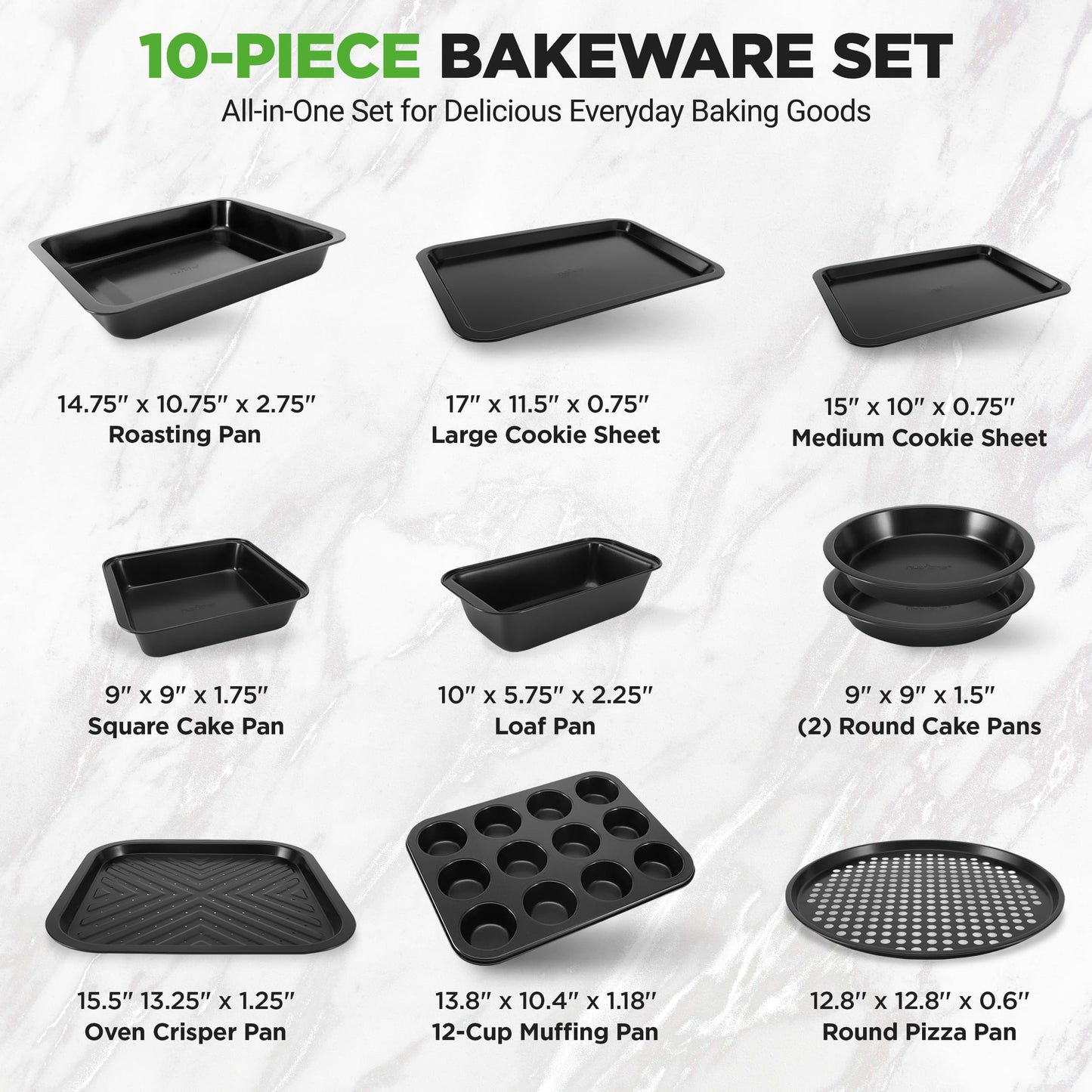 NutriChef Bakeware Set, 10-Piece Carbon Steel Nonstick Pans – PFOA/PFOS-Free, Easy Clean, Oven & Dishwasher Safe, Includes Baking Sheets, Muffin, Loaf & Cake Pans and More