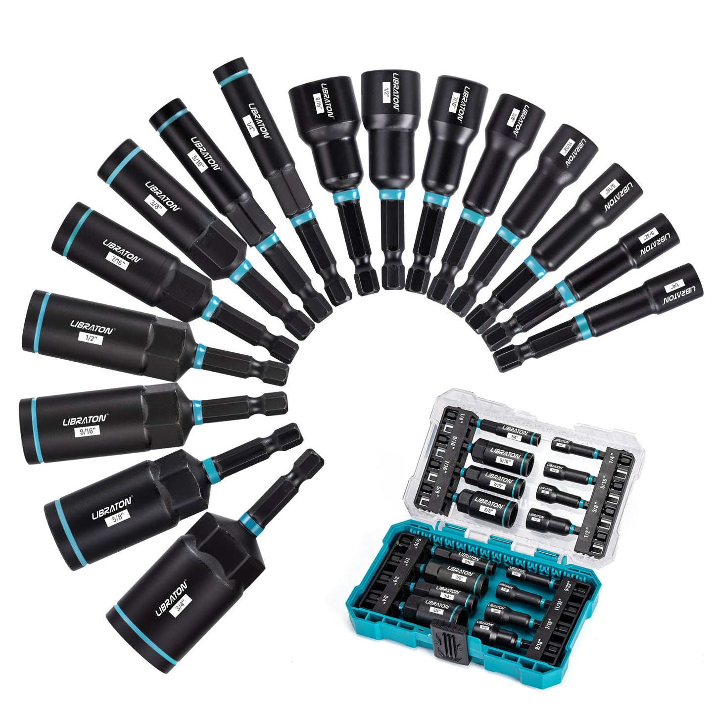 LIBRATON Magnetic Nut Driver Set, 16PCs Impact Driver Bit Set, Deep Nut Driver Set, SAE Nut Driver for Impact Drill, 1/4"-9/16" Nut Drivers and 1/4"-4/3" Deep Nut Drivers, with Toolbox for Car Repairs