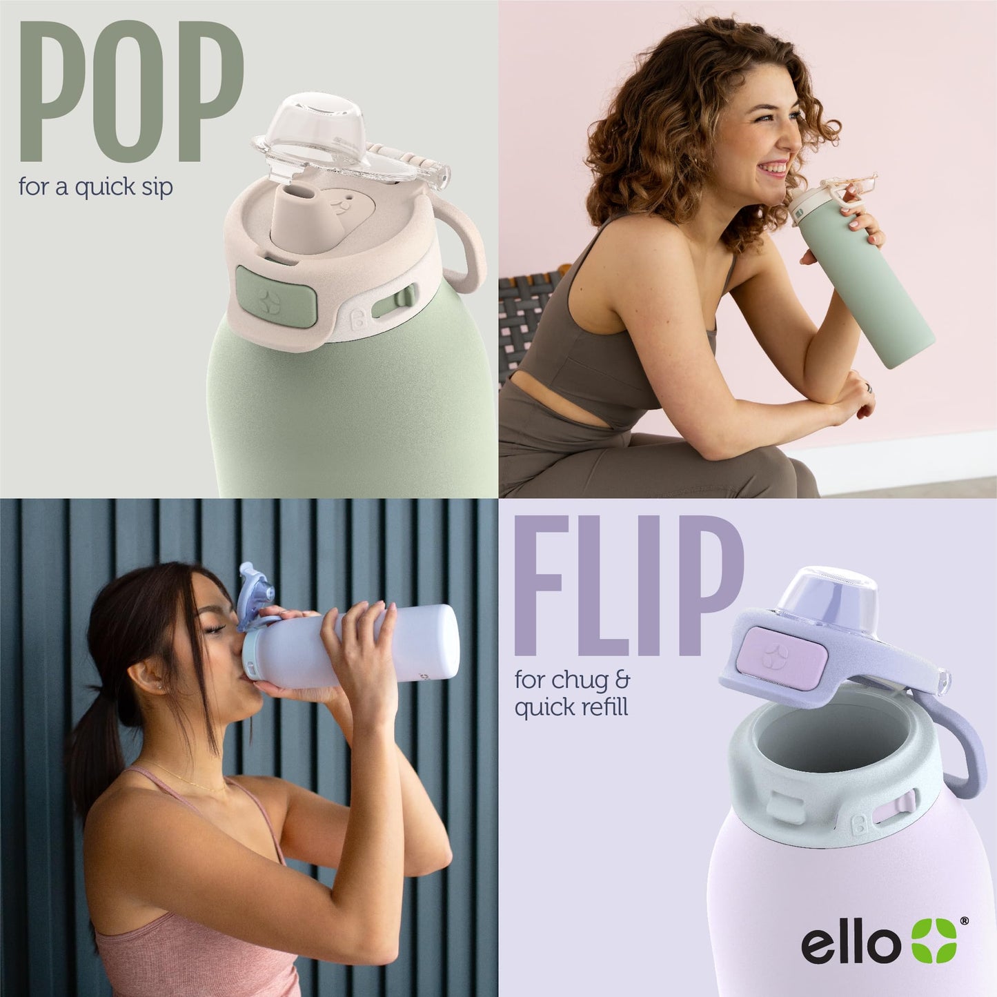 Ello Pop & Fill 22oz Stainless Steel Water Bottle with QuickFill Technology, Double Walled and Vacuum Insulated Metal, Leak Proof Locking Lid, Sip and Chug, Reusable, BPA Free, Pistachio