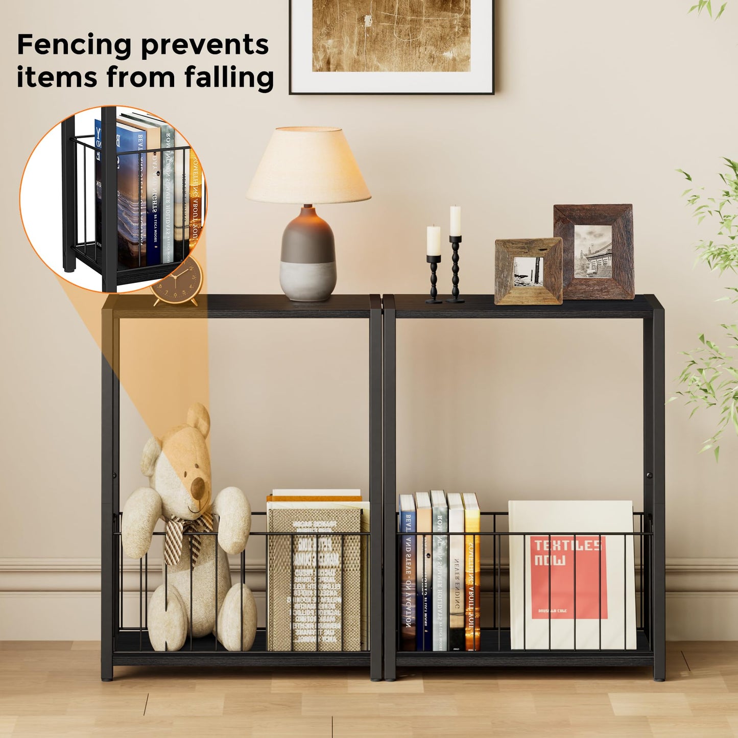 Homleke Narrow Side Table with Magazine Holder, Skinny End Table Perfect for Small Spaces, Space-Saving Design for Living Room, Bedroom, or Office, 18 x 43 x 60 cm, Black