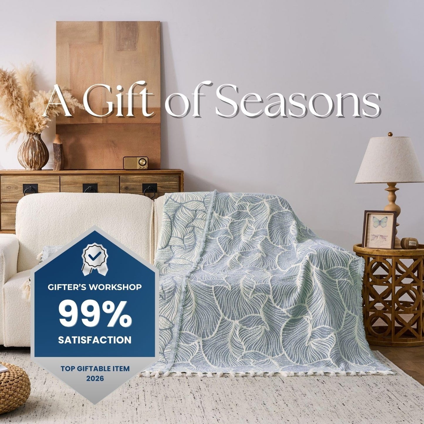 DOWN HOME Chenille Cotton Throw Blanket for Couch, Lightweight Boho Blanket for Bed Sofa Chair Living Room Outdoor Soft Woven Decorative Blanket with Tassel Gift Blue Leaves 55"x60"