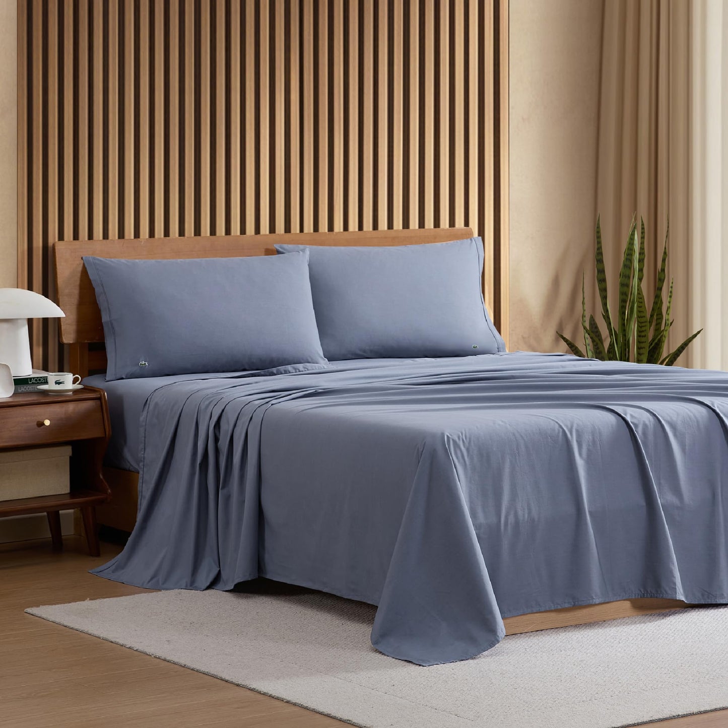 Lacoste 100% Cotton Percale Solid Sheet Set, Vintage Indigo, Standard King