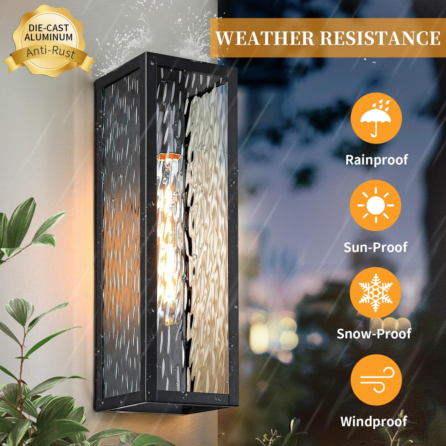 2 Packs 16'' Outdoor Wall Lights Exterior Lighting Fixtures, Modern Black Porch Light for House, Waterproof Outside Lights Wall Sconce Lanterns with Water Ripple Glass for Front Door, Patio, Garage