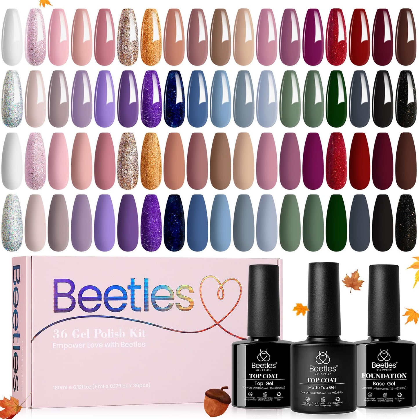 Beetles Gel Nail Polish Kit, 36 Colors Soak Off Neutral Nude Pink Gel Polish with 1 Base Coat 1 Glossy & 1 Matte Top Coat Gel Nail Art Nail Nail Design Decoration at Home