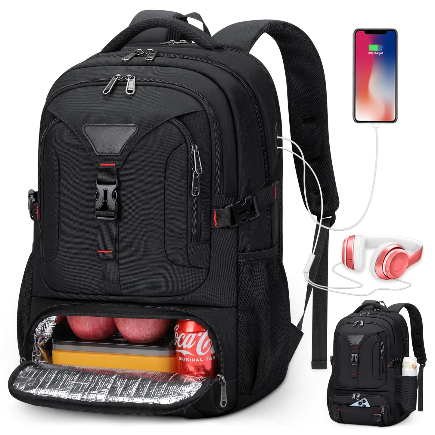 NUBILY Lunch Backpack, 17.3 Inch Laptop Backpack with USB Charging Port 50L Travel Backpack for Men Women Backpack with Insulated Cooler Bag Waterproof Computer，Black Backpack for College, Work