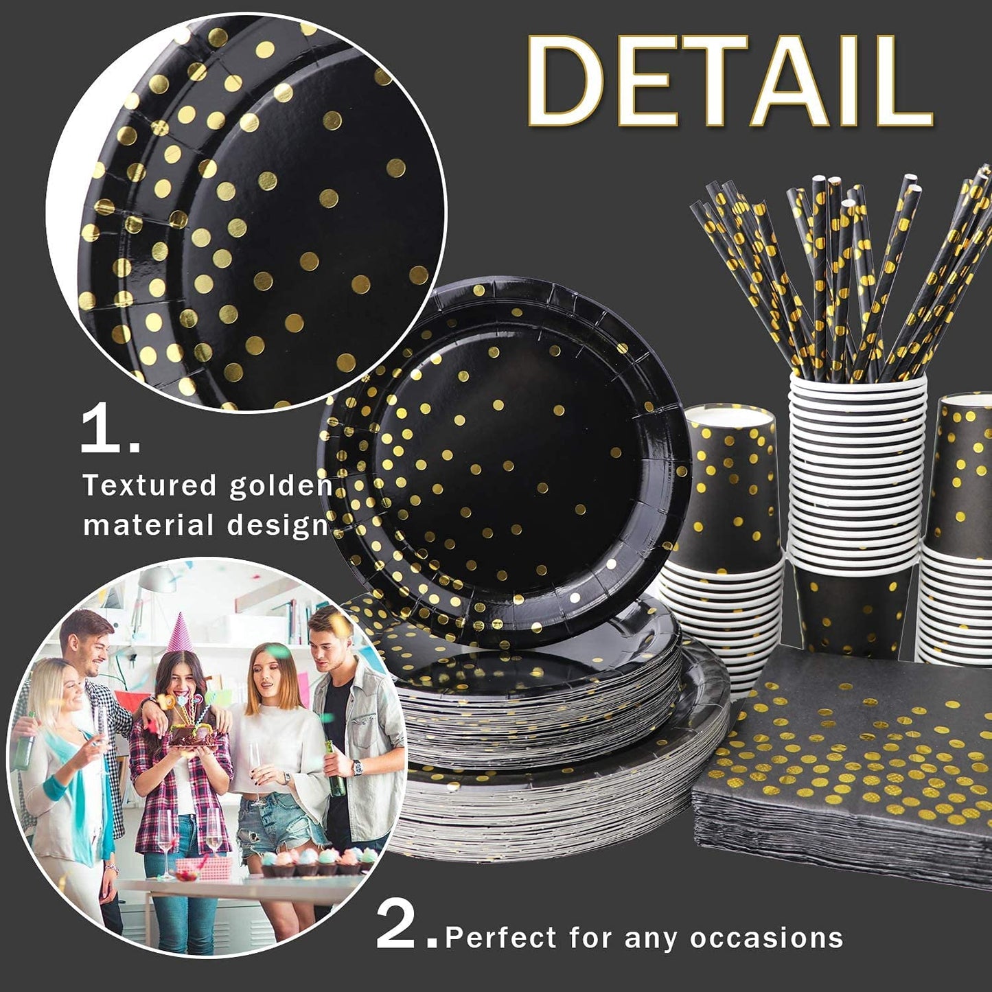 310PCS Party Supplies - Disposable Paper Plates Dinnerware Set Rose Gold Dots 50 Dinner Plates 50 Dessert Plates 50 Cups 50 Napkins 50 Straws 60 Balloons Birthday Party Wedding Holiday (Black and Gold)