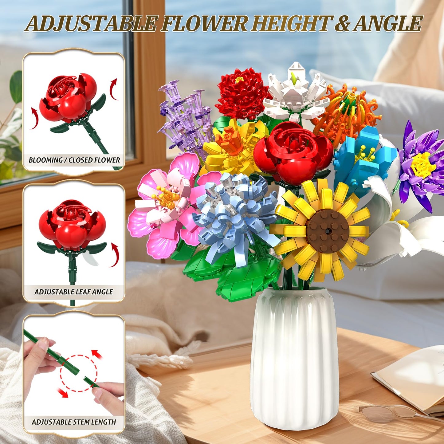 Flower Bouquet Building Sets, Mesproud Flower Plants for Decorative Office Home Table Art(1009PCS), Best Gifts for Girls Ages 6 7 8 9 10 11 12 for Him and Her, No Vase