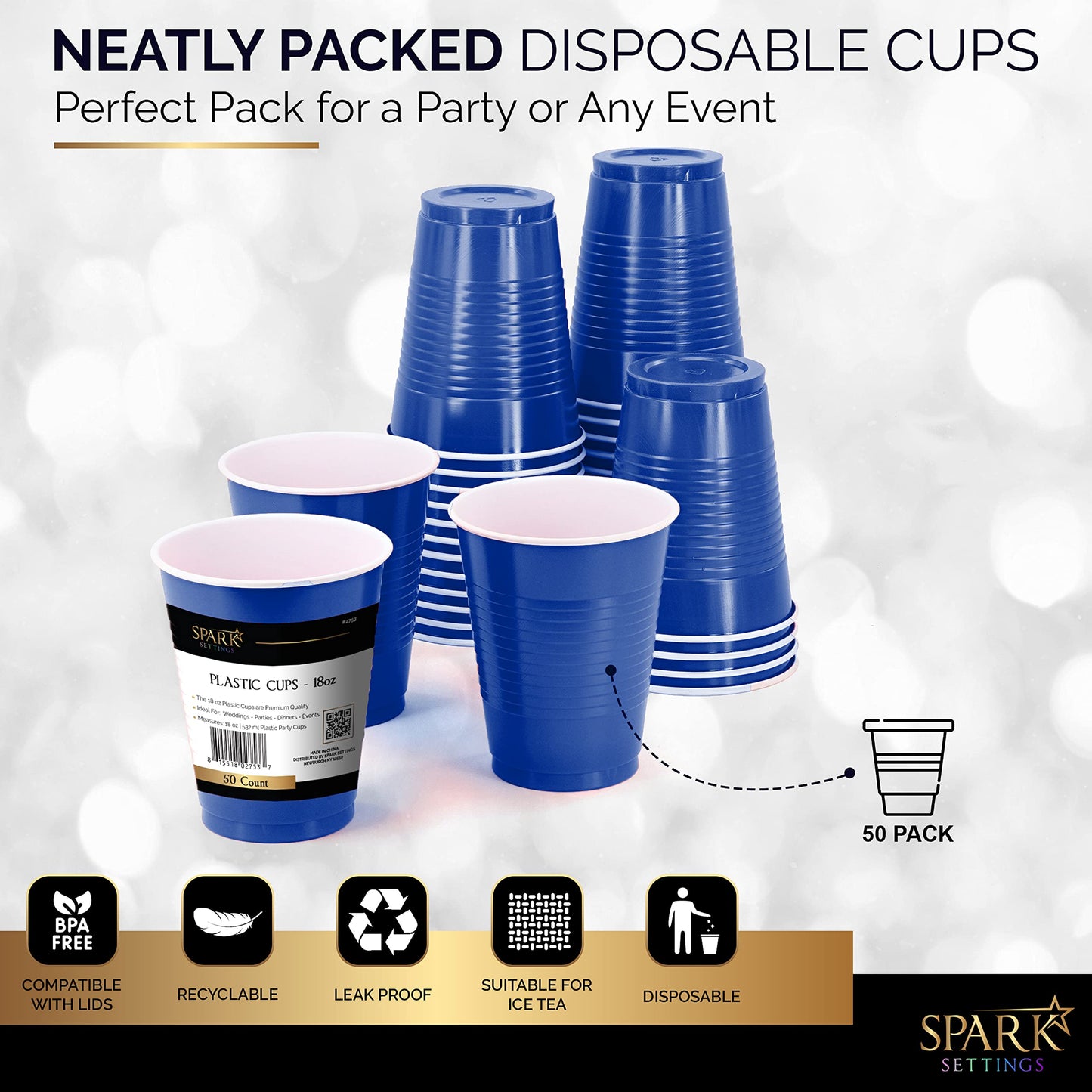 Amcrate Disposable Cups, Royal Blue 18-Ounce Plastic Party Cups, Strong and Sturdy for Wedding, Christmas, Halloween, 50 Pack