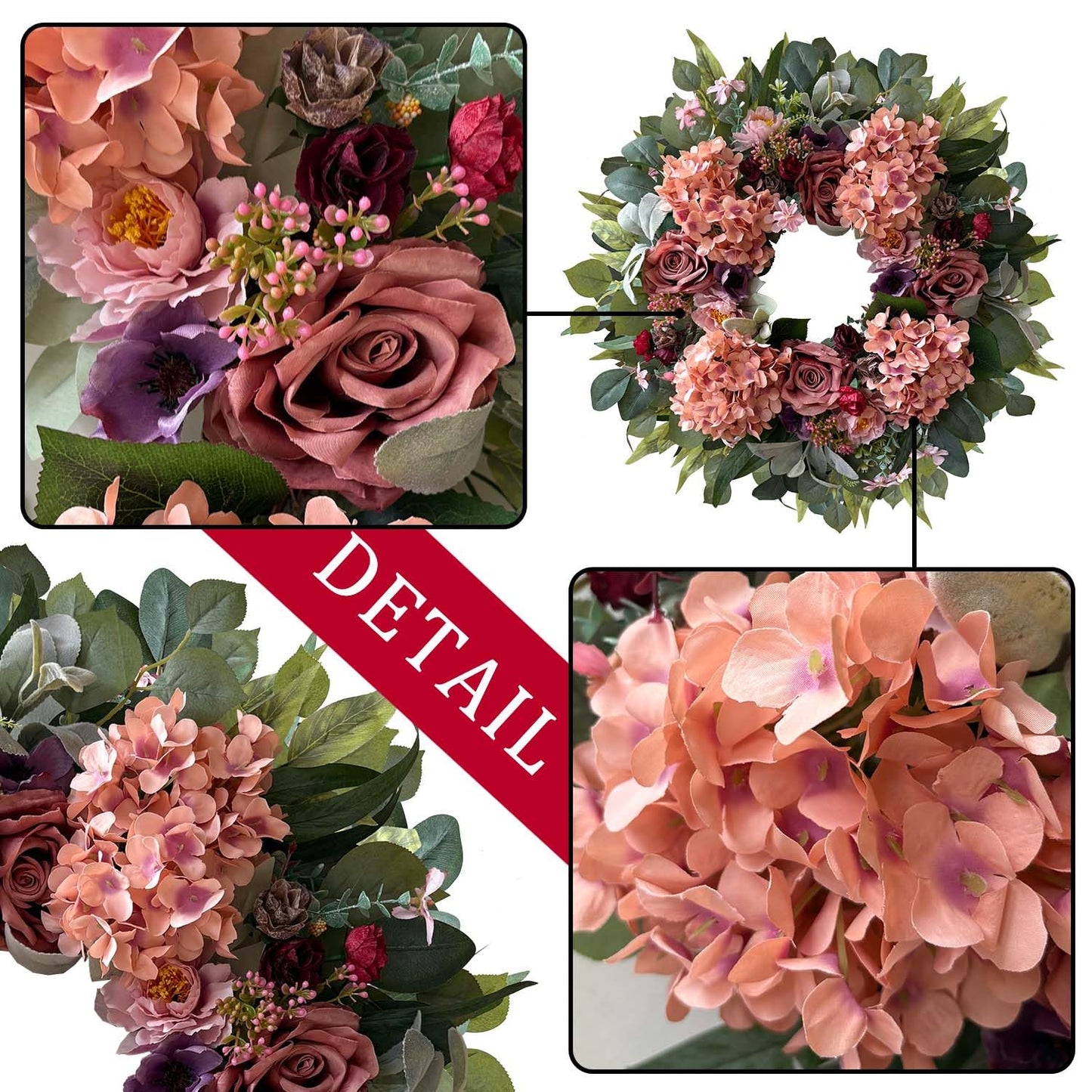 WANNA-CUL 24 Inch Spring Hydrangea Wreaths for Front Door,Spring Door Wreath with Rustic Pink Rose and Peony Flower for Wedding or Mothers Day Wreath Decor
