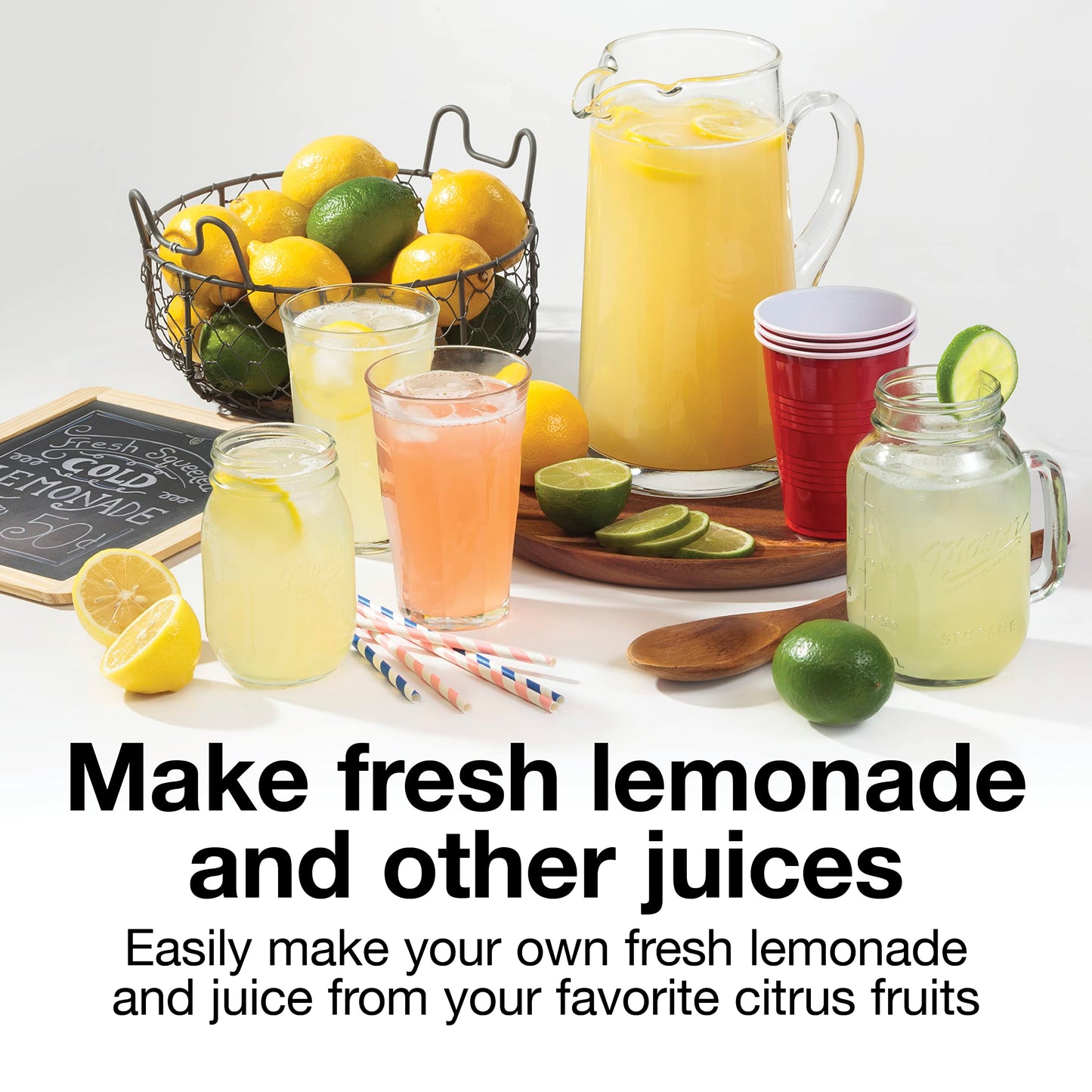 Proctor Silex Alex's Lemonade Stand Electric Citrus Juicer Machine, 34 oz. Pitcher, Pressure Activated, for Lemons, Limes and Oranges, With Reamers, pulp strainer& Lid, 30 Watts, Yellow (66341)