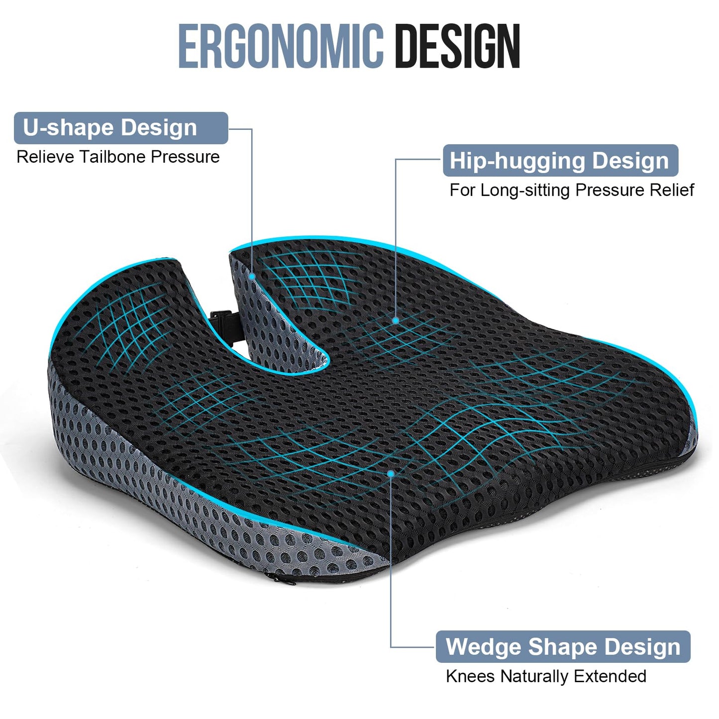 Car Seat Cushion, Memory Foam Car Wedge Seat Cushion for Driving, Height Booster & Posture Support, 4D Mesh Seat Pad with Adjustable Straps - Universal Fit for Office/Vehicle