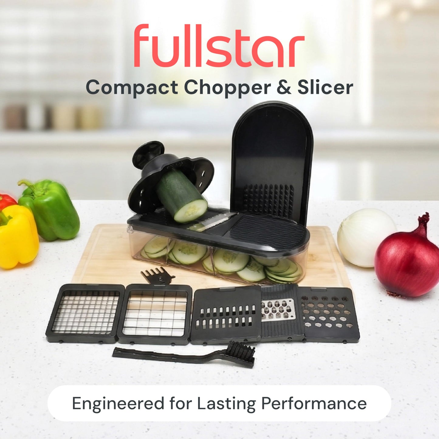 Fullstar Vegetable Chopper & Mandoline Slicer - Julienne Cutter Dicer Grater for Food Veggie Onion Cucumber Tomato Salad Potato Cheese - Kitchen Essentials & Gadgets (Compact 6-in-1, Black)